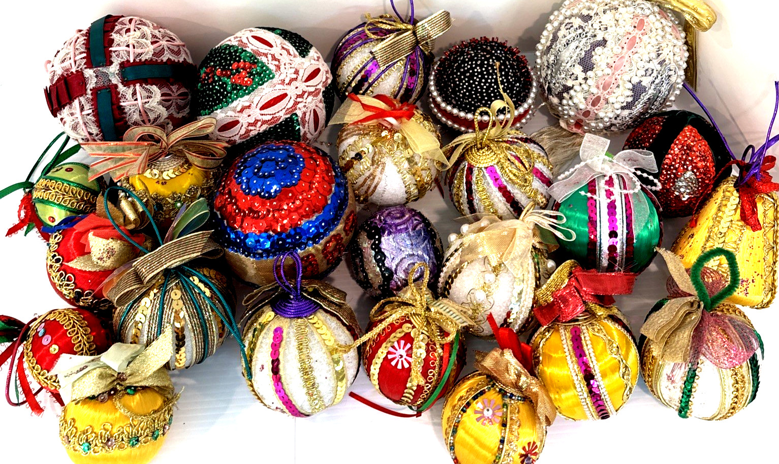 VTG '60s Lot 24 Push Pin Christmas Ornaments Handmade Ornate Satin Beaded Jewels VTG '60s Lot 24 Push Pin Christmas Ornaments Handmade Ornate Satin Beaded Jewels