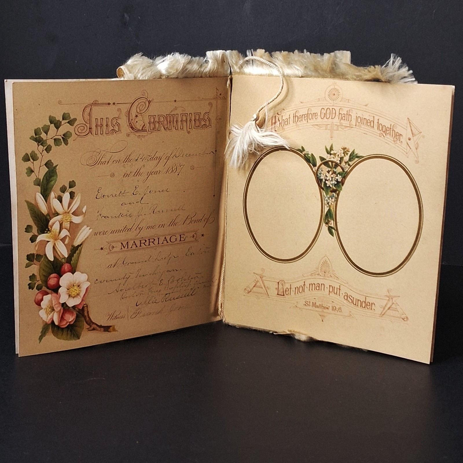Antique Rare VICTORIAN 1887 Marriage Certificate Floral Michigan Love Wedding
