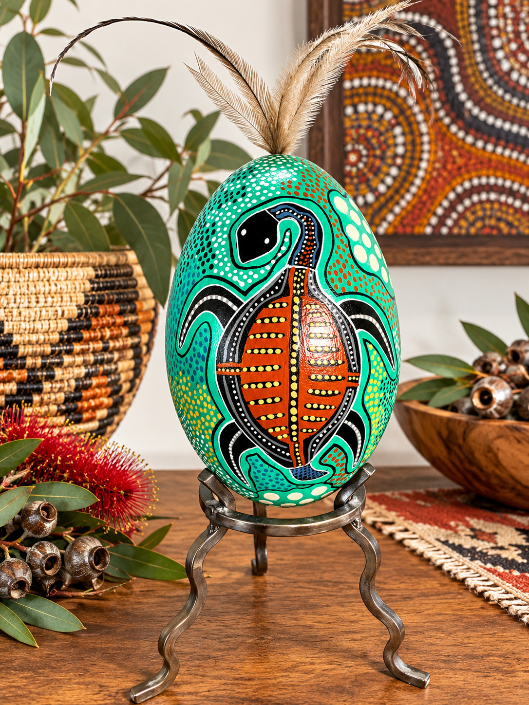 Vintage 1990s Hand-Painted Emu Egg, Indigenous Dot-Work, Turtle Art: Genuine Emu Vintage 1990s Hand-Painted Emu Egg, Indigenous Dot-Work, Turtle Art: Genuine Emu
