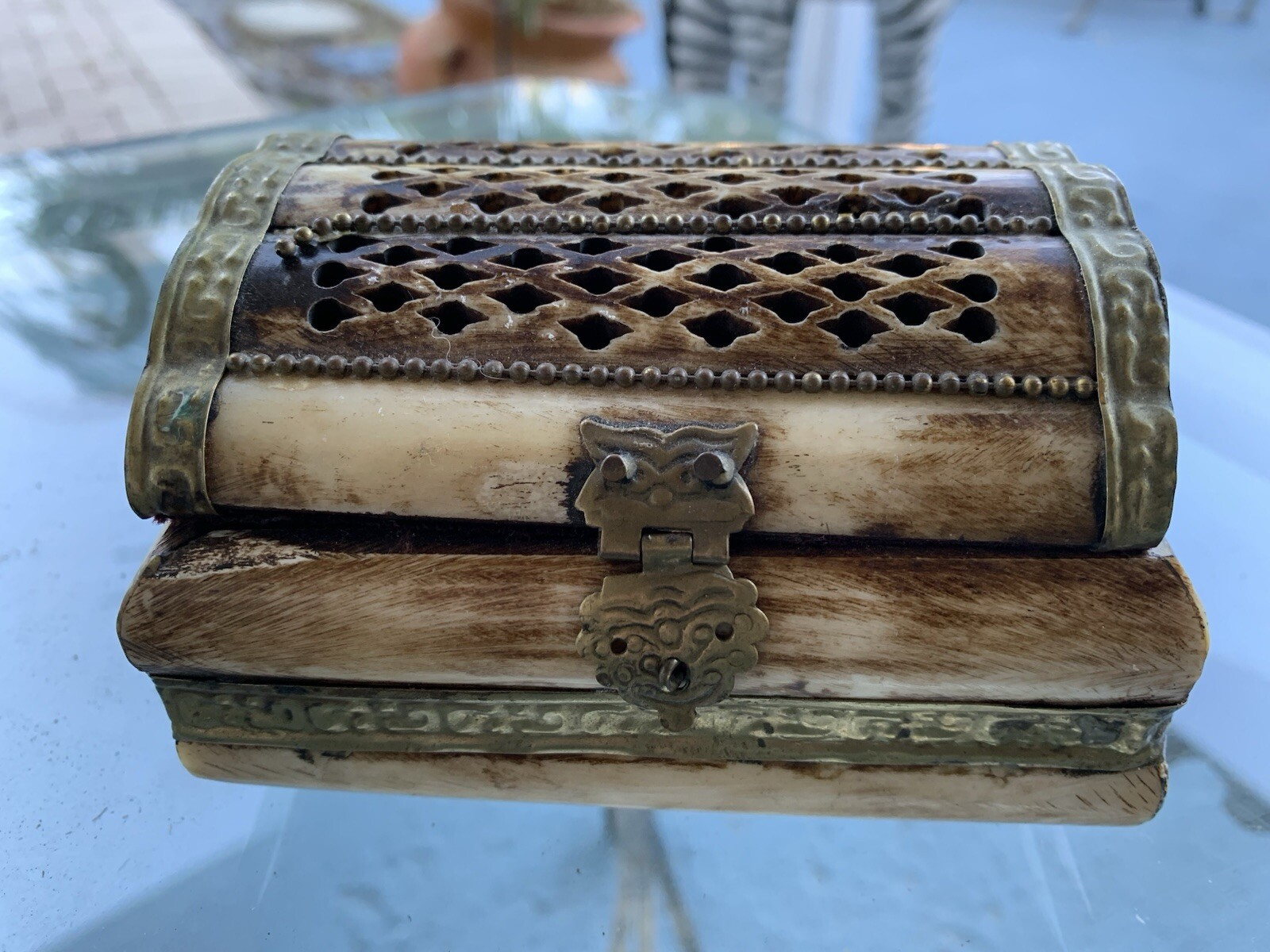 Vintage Camel Bone Brass Trinket Jewelry Box Handmade India 5\ Vintage Camel Bone Brass Trinket Jewelry Box Handmade India 5\