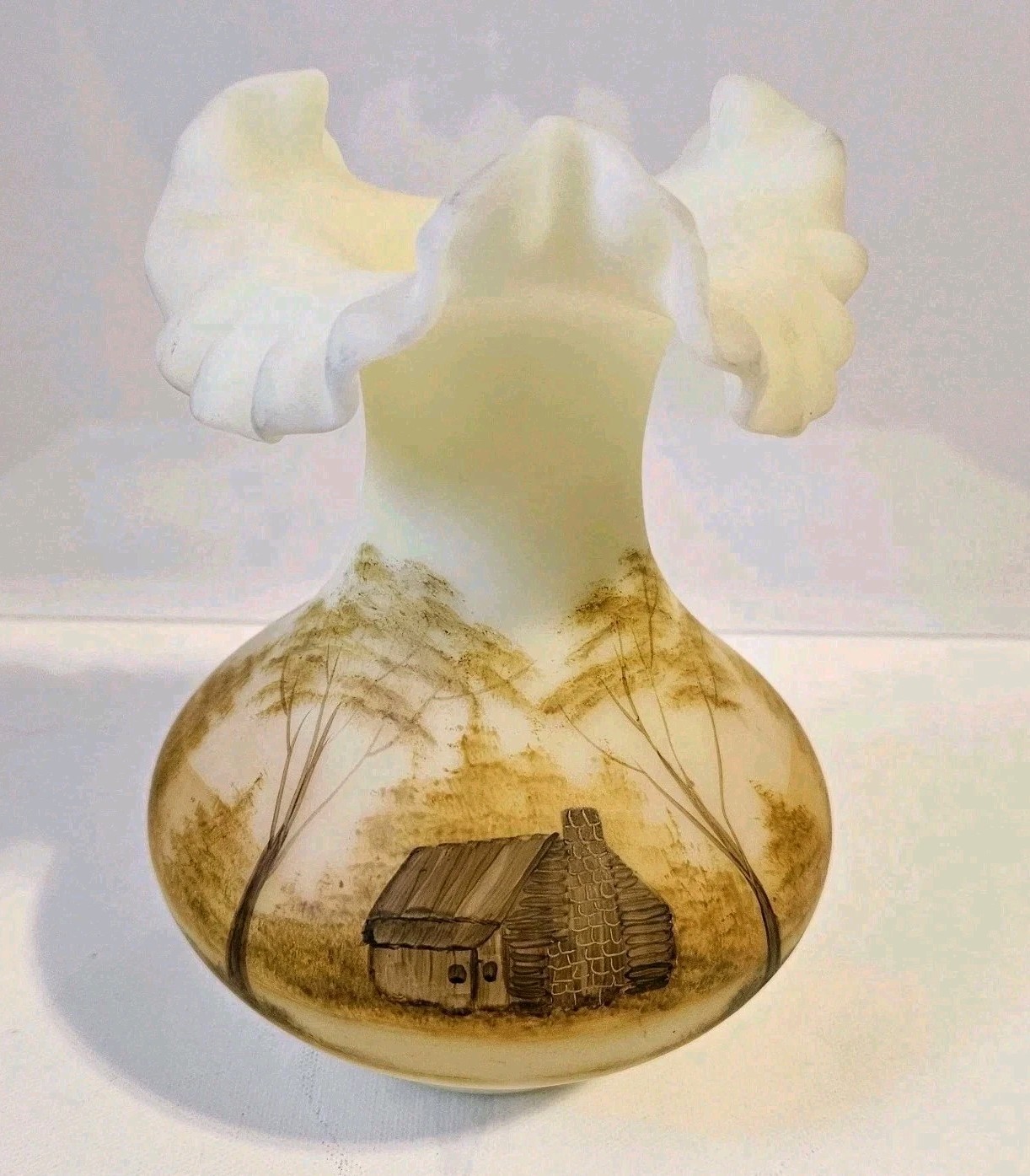 Vintage Fenton Burmese Vase Log Cabin Vaseline Glass Hand Painted Signed Glows