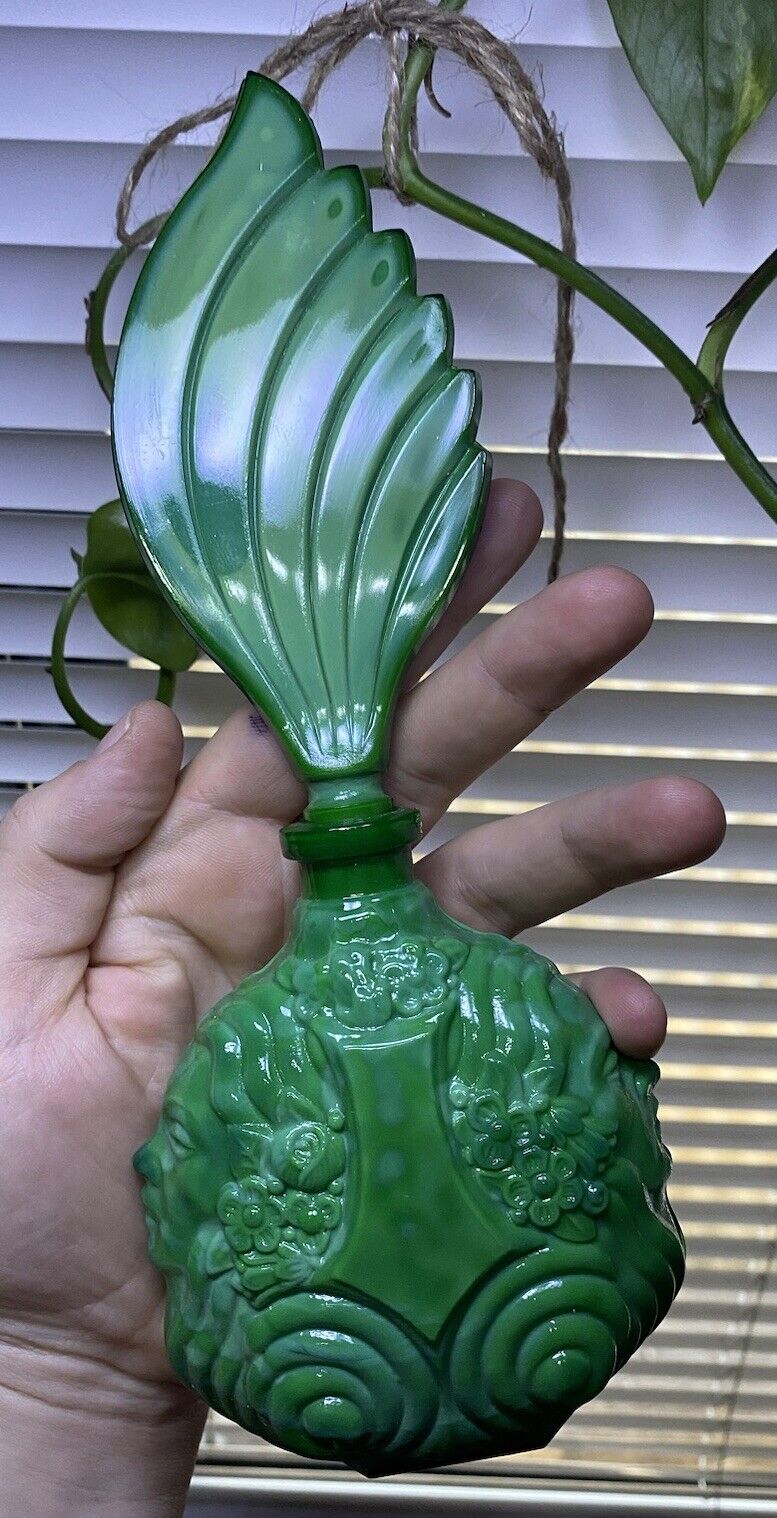 Art Deco Vintage Czech Bohemia Green Glass Perfume Bottle Art Nouveau Faces