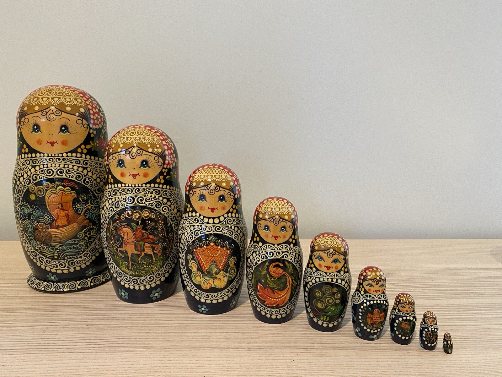 Russian Nesting Doll 10”, Set Of 9, Signed, 1992. Depicts Russian Fairy Tales. Russian Nesting Doll 10”, Set Of 9, Signed, 1992. Depicts Russian Fairy Tales.