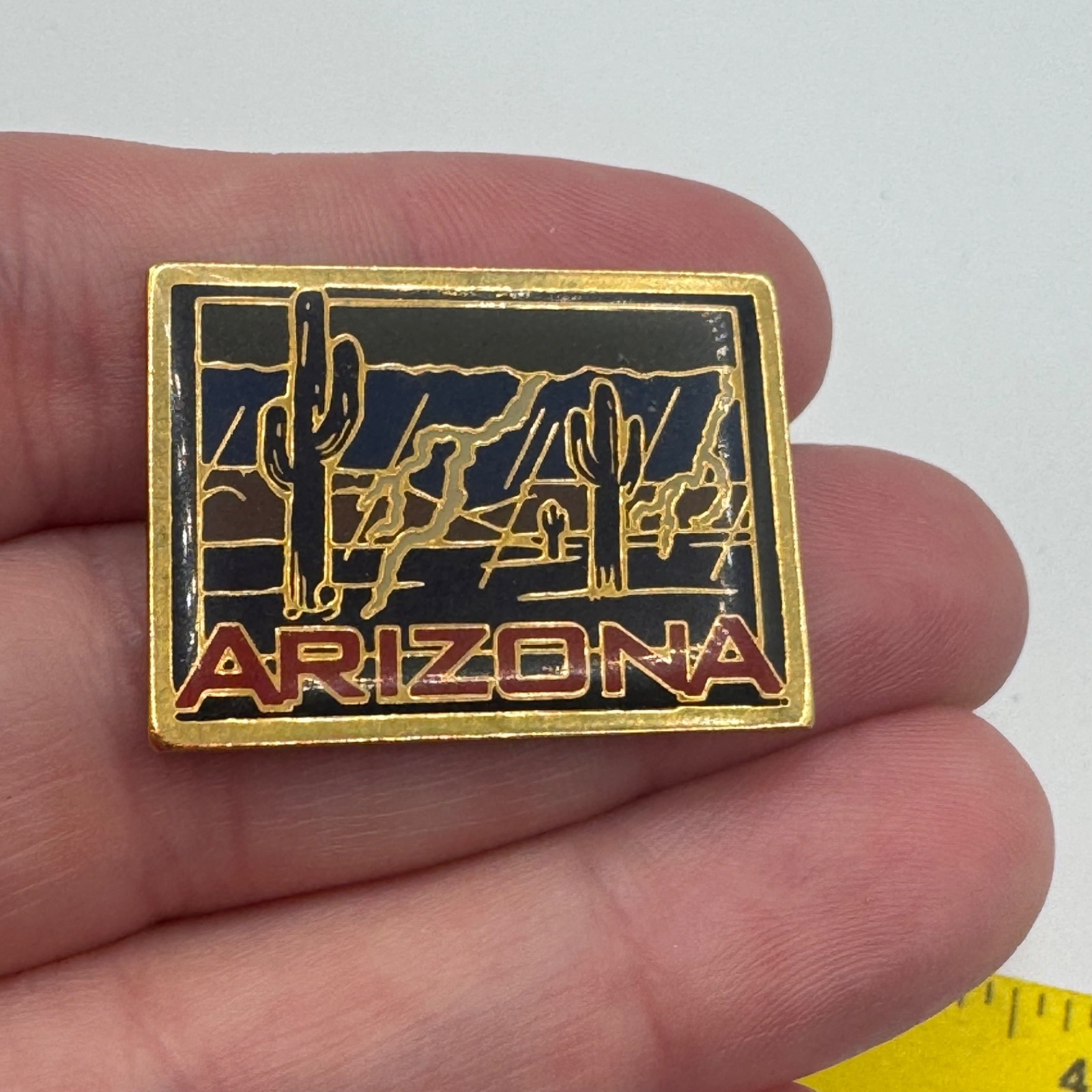 Vintage Arizona Desert Saguaro Cactus Scene Enamel Lapel Pin Gold Ton Vintage Arizona Desert Saguaro Cactus Scene Enamel Lapel Pin Gold Ton