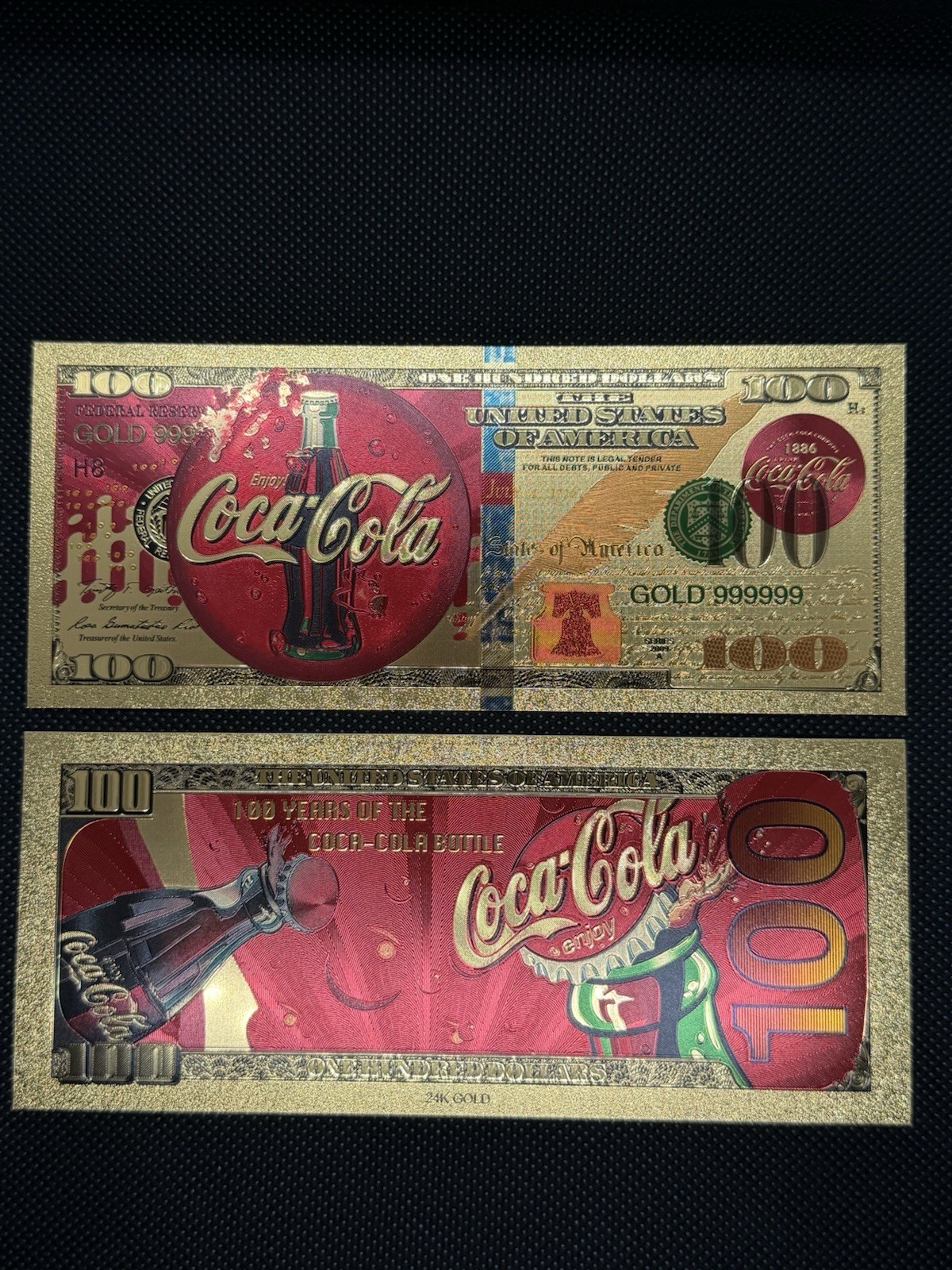 Coca-Cola 100 Years Bottle Gold Foil $100 Novelty Collector Banknote Rare
