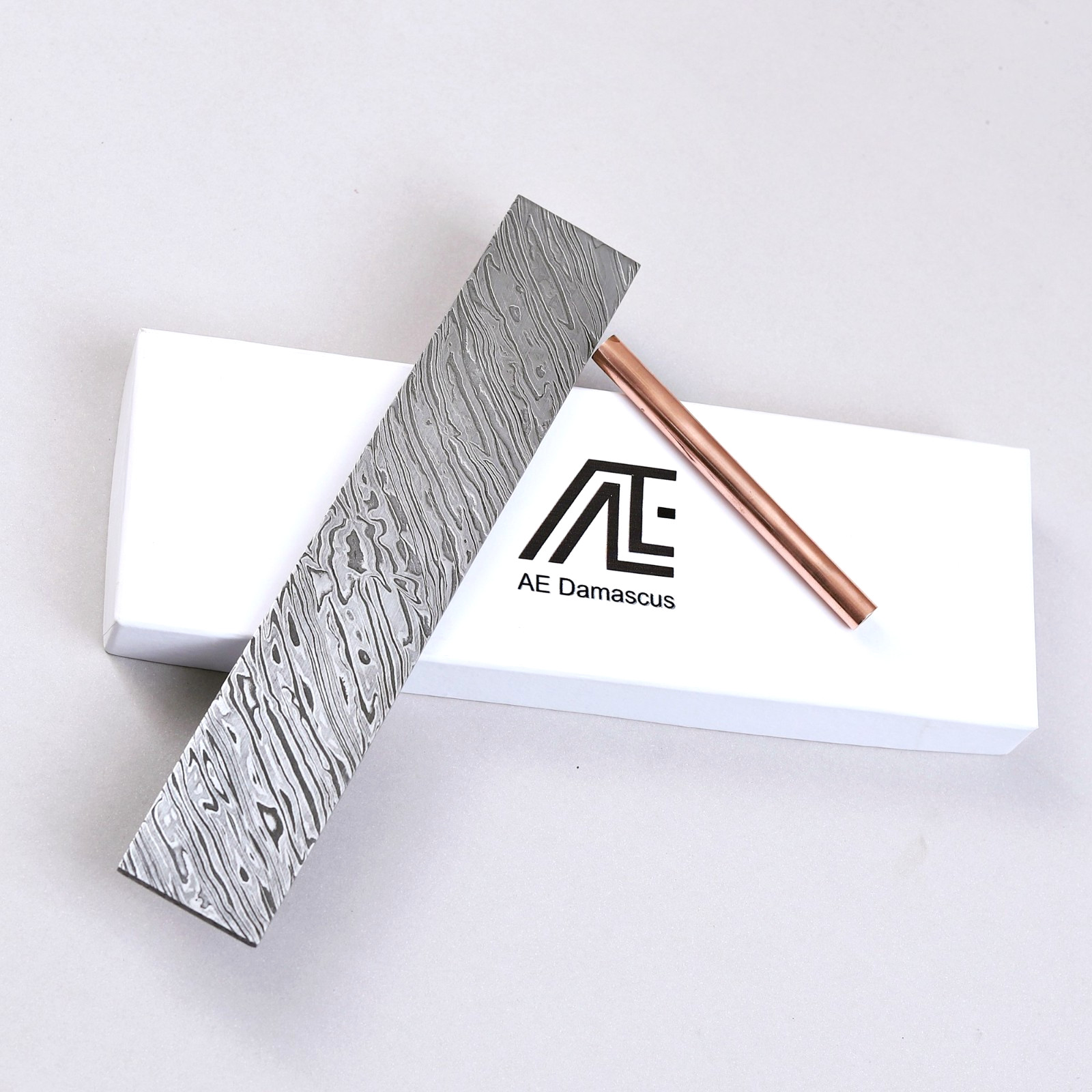 AE Damascus Steel Billet 8 inch - Firestorm Pattern with Mosaic Pin