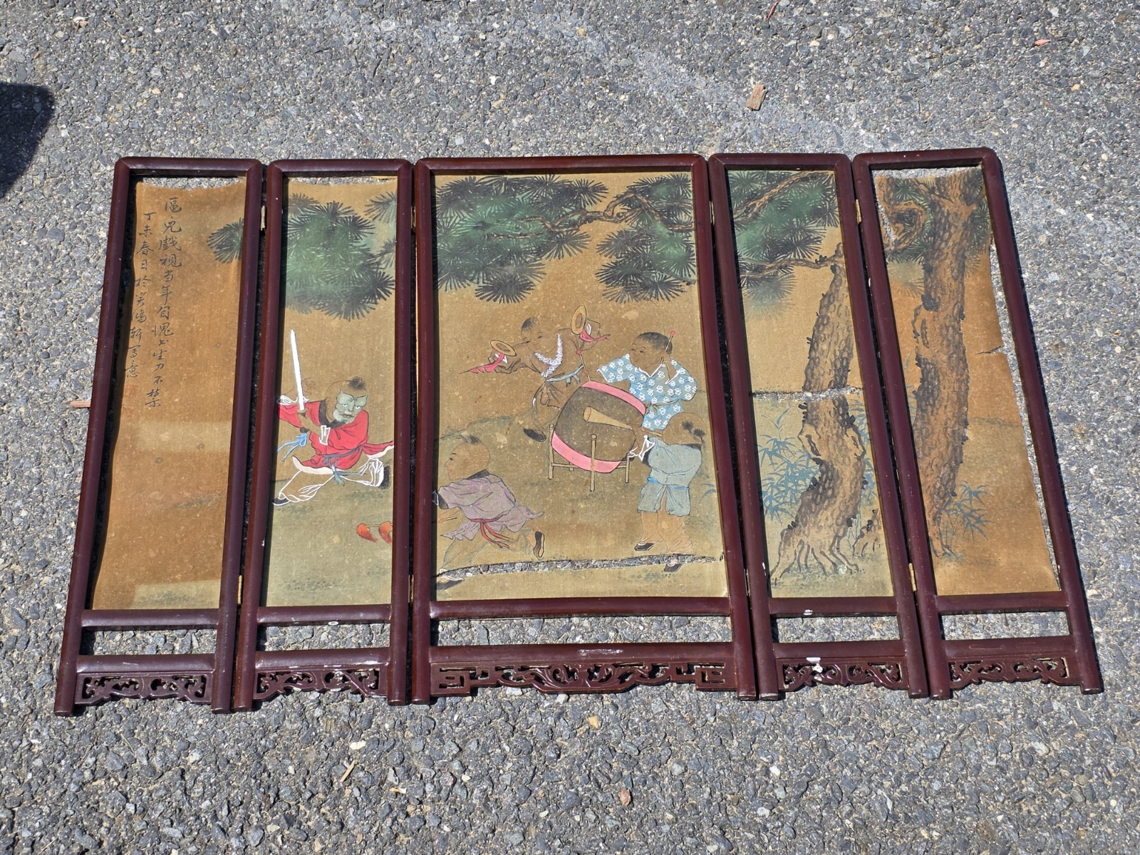 Antique Asian Black Lacquer 5 Panel Table Silk Screen Chinese Children 19th Cen.
