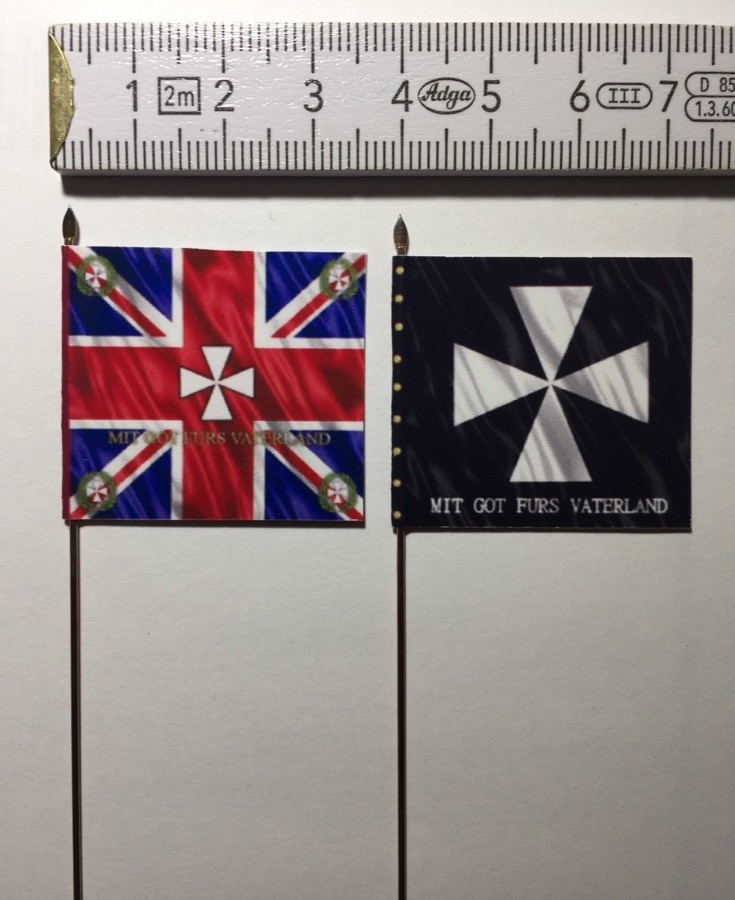 2x 28mm Napoleonic Hanoverian HOYA Landwehr Batt. Flags on metal pole +spearhead