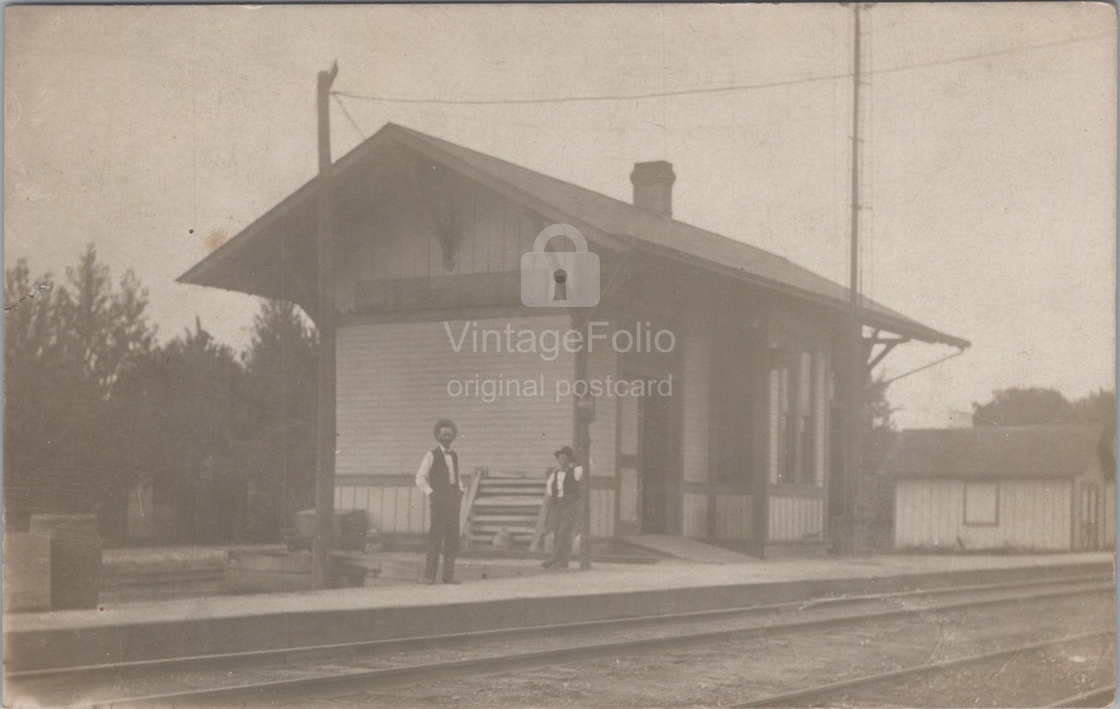 Railroad Depot Train Station Ohio OH Platform Men Tracks RPPC 1910 Postcard
