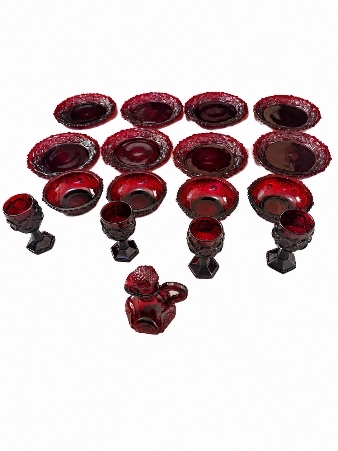 Avon 1876 Cape Cod Ruby Red Glass Lot 17 Pieces Plates Bowls Goblets Cruet