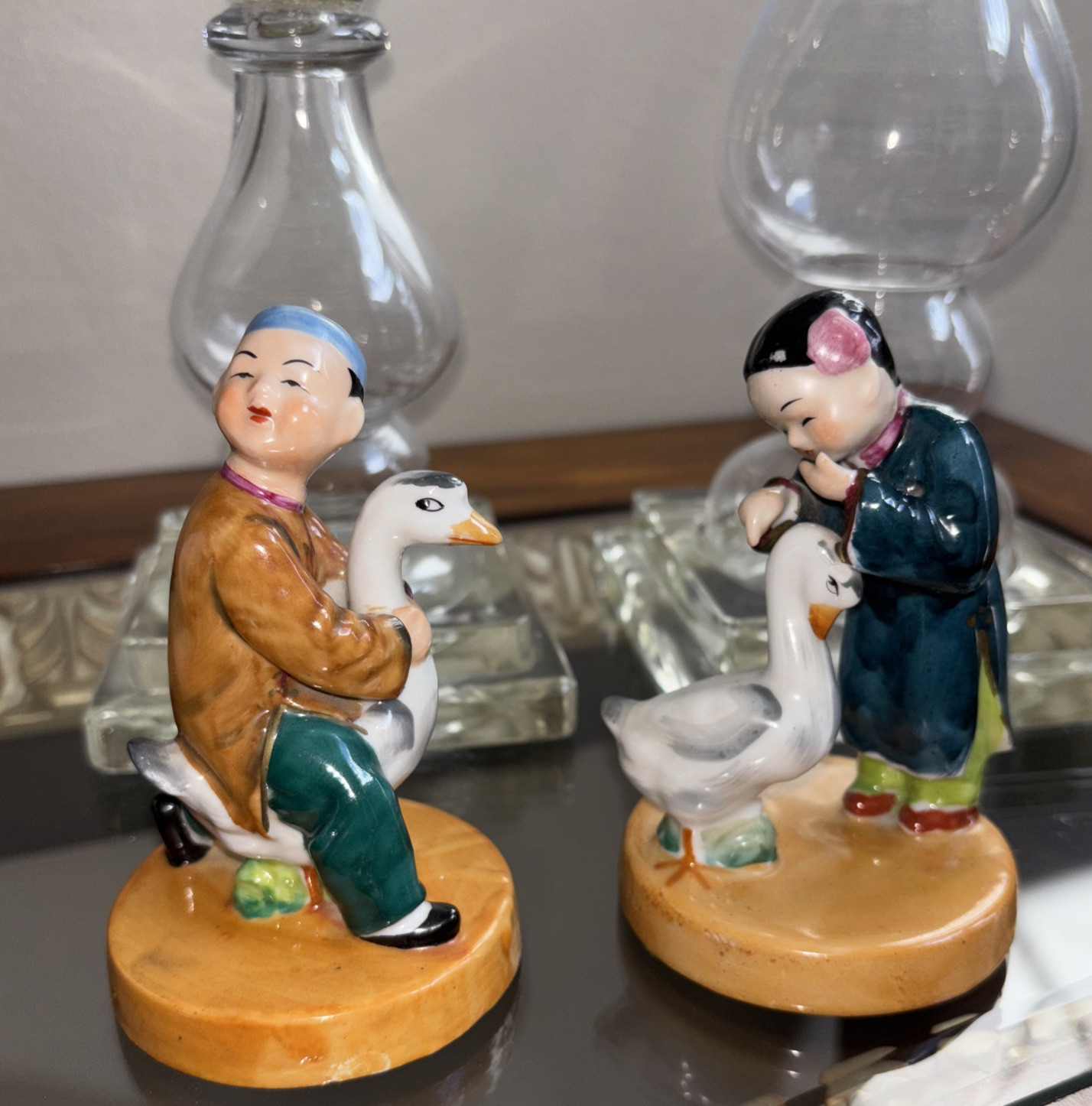 Set of 2 Antique Goldcrest Creations Boy With A Kite, Shafford Boy Riding Goose