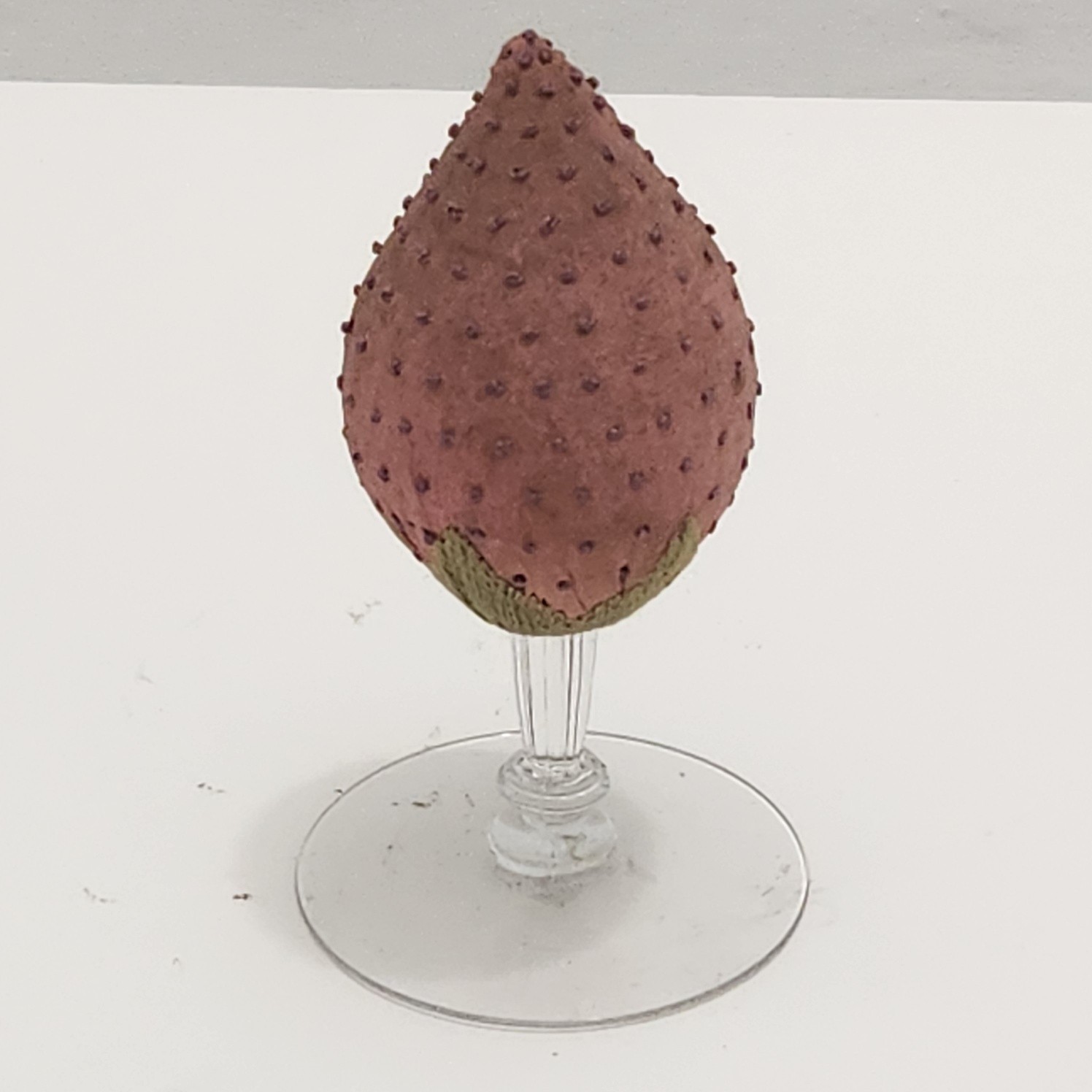 Vintage Handmade Strawberry Make Do Pincushion on Wineglass Stem
