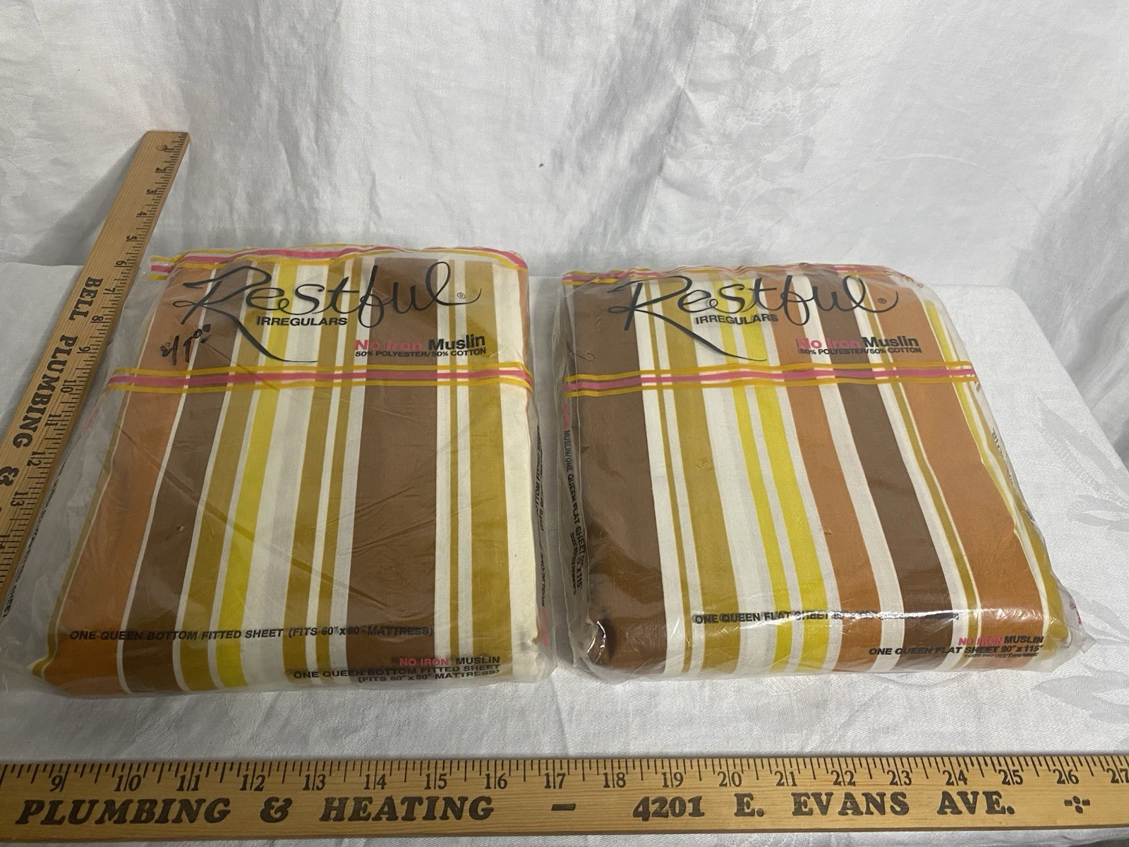 Vtg 1970s Queen Sheet Set Gold Brown White Stripes NOS Restful