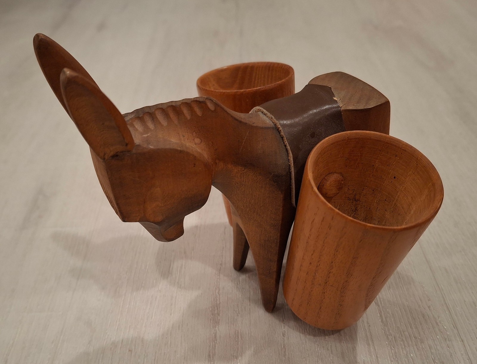 Vtg Hand Carved Wooden Donkey + Side Cups SOLID WOOD MULE BURRO FIGURE FIGURINE