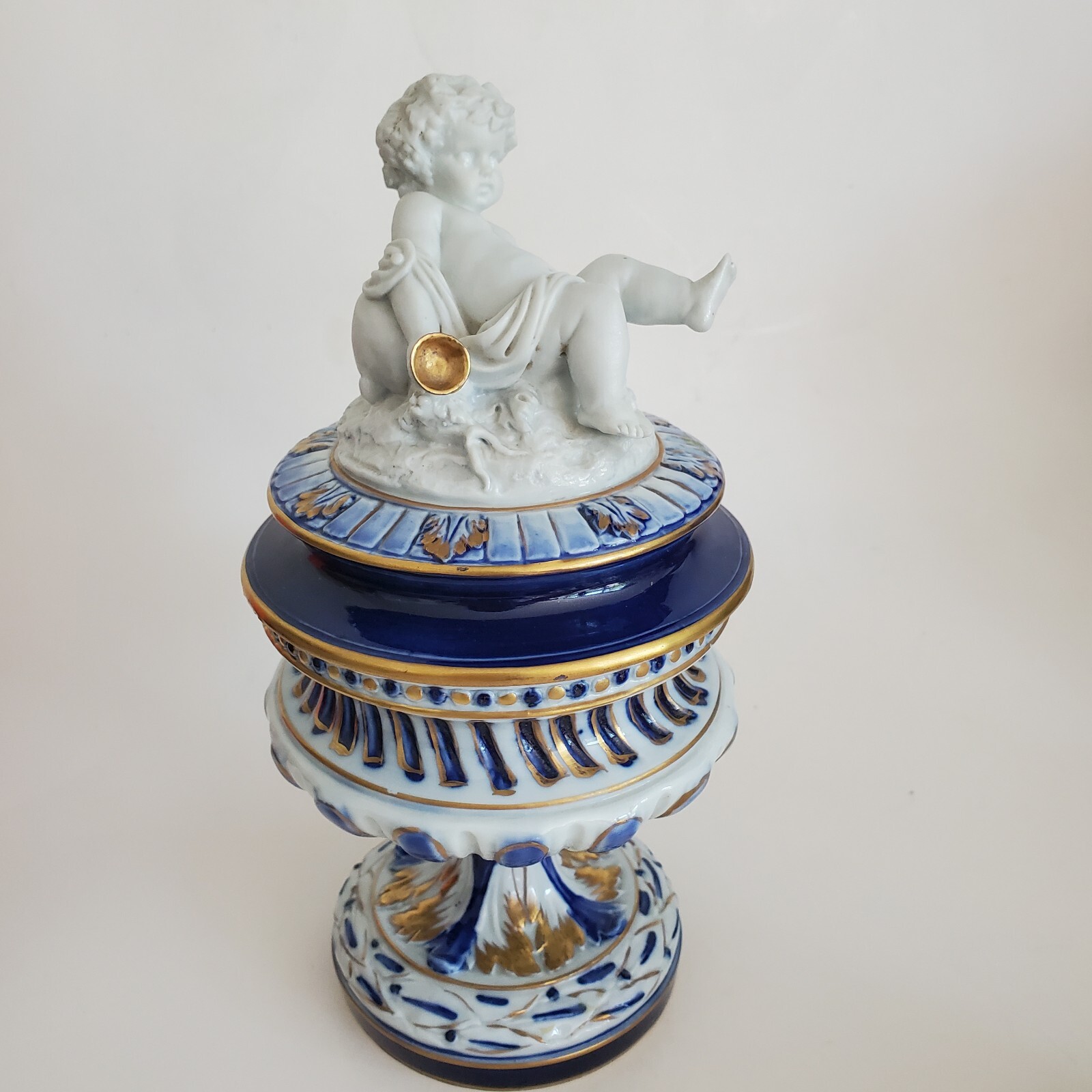 Vintage Italian Cobalt Blue Cassolette w/ Putti Cherub