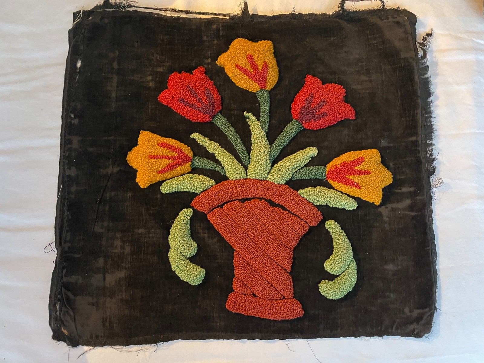 Antique 19th c Stumpwork Basket of Tulips on Black Velvet Embroidery