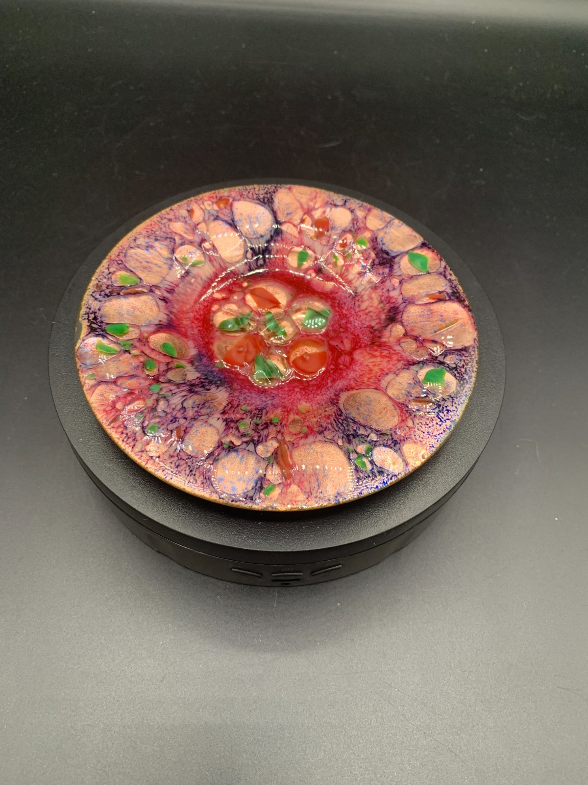 Vintage Purple Red Green Navy Blue Enamel On Copper Trinket Dish/Plate
