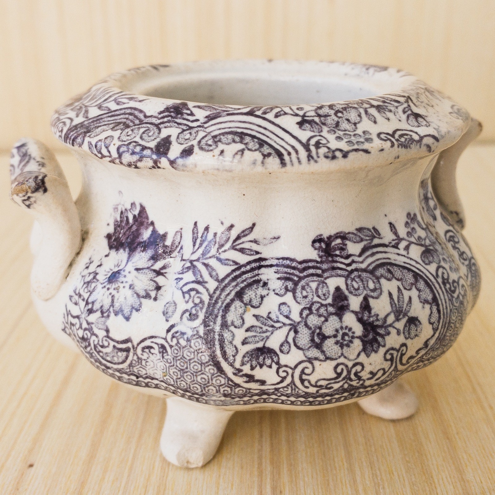 Antique Purple Floral Transferware Footed Sugar Bowl Ceramic Double Handled