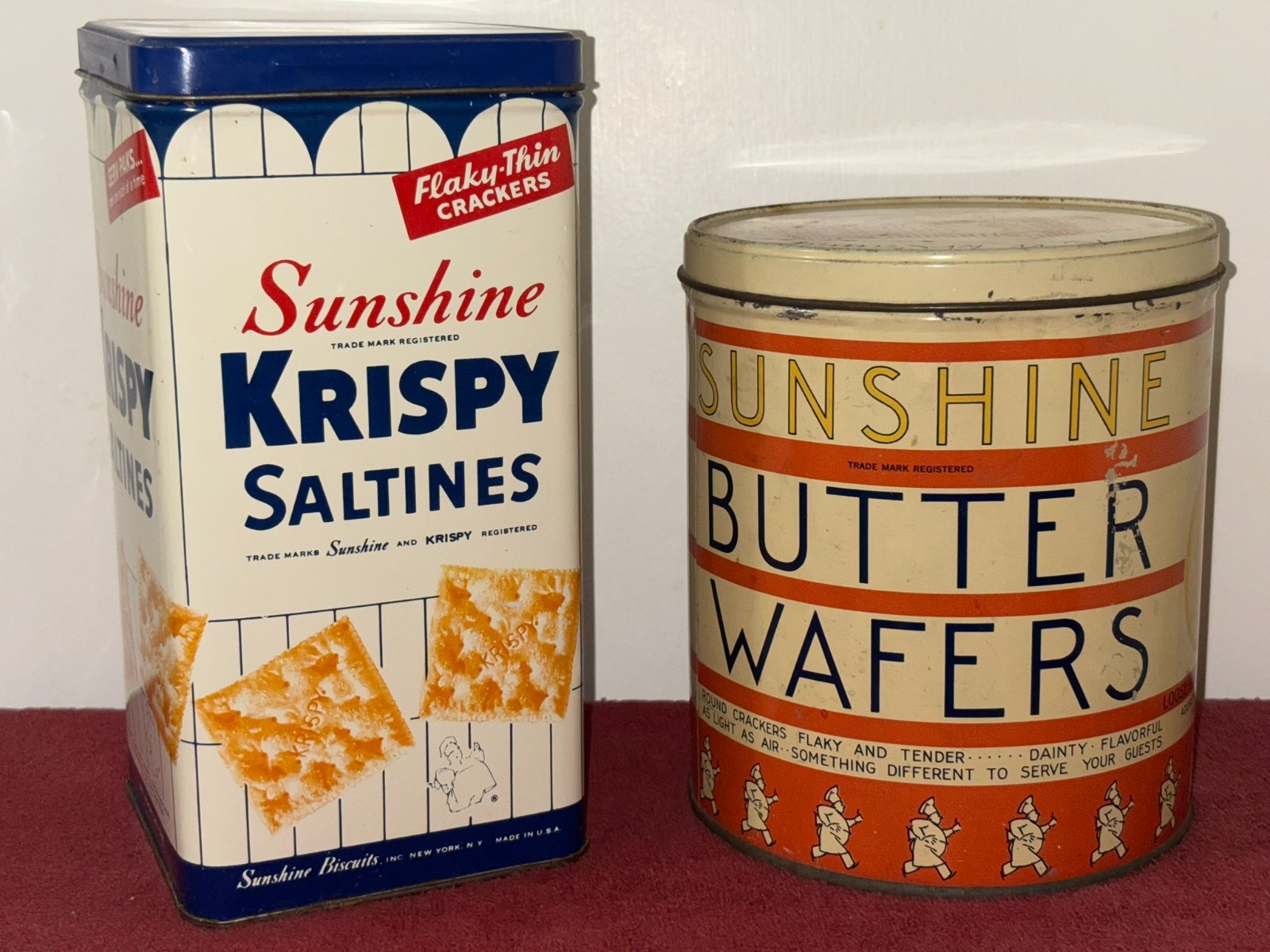 2  Vintage Sunshine Biscuits Tins: Wafers and Crackers, Loose-Wiles Biscuit Co