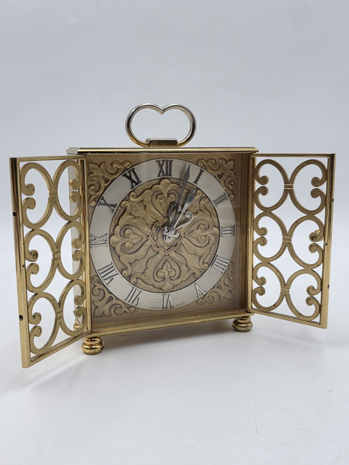 Ultra Rare Arthur Imhof Swiss 8 Day 15 J Gilt Brass Clock Pierced Doors. Works Ultra Rare Arthur Imhof Swiss 8 Day 15 J Gilt Brass Clock Pierced Doors. Works
