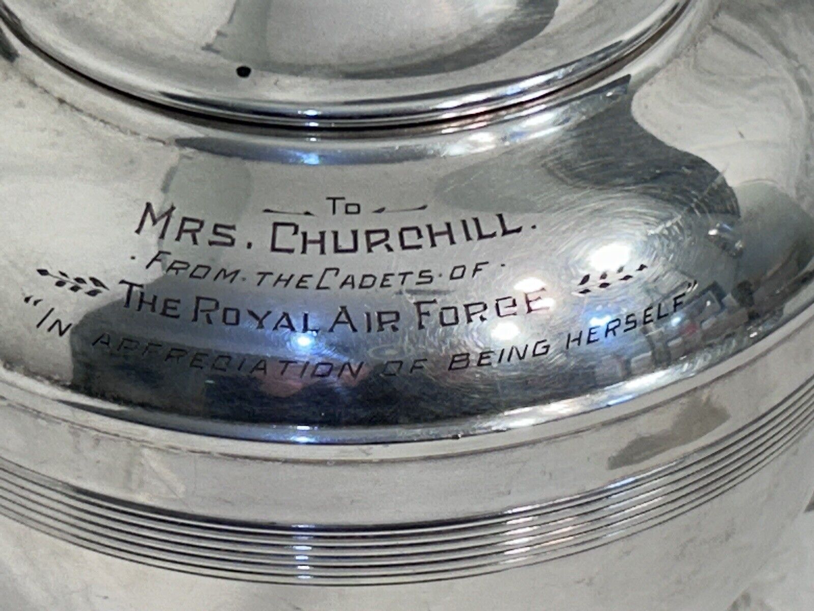 Silverplated Teapot With Engraving From The Cadets Of The RAF To Mrs Churchill
