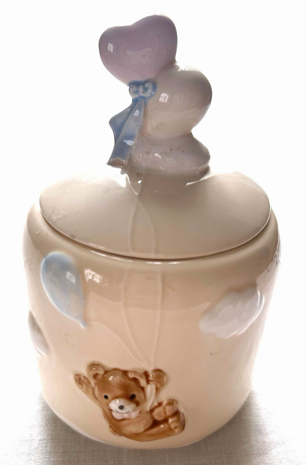 Vintage Japan Ceramic Teddy Bear Trinket Box Heart Balloon Pastel Nursery Jar MC
