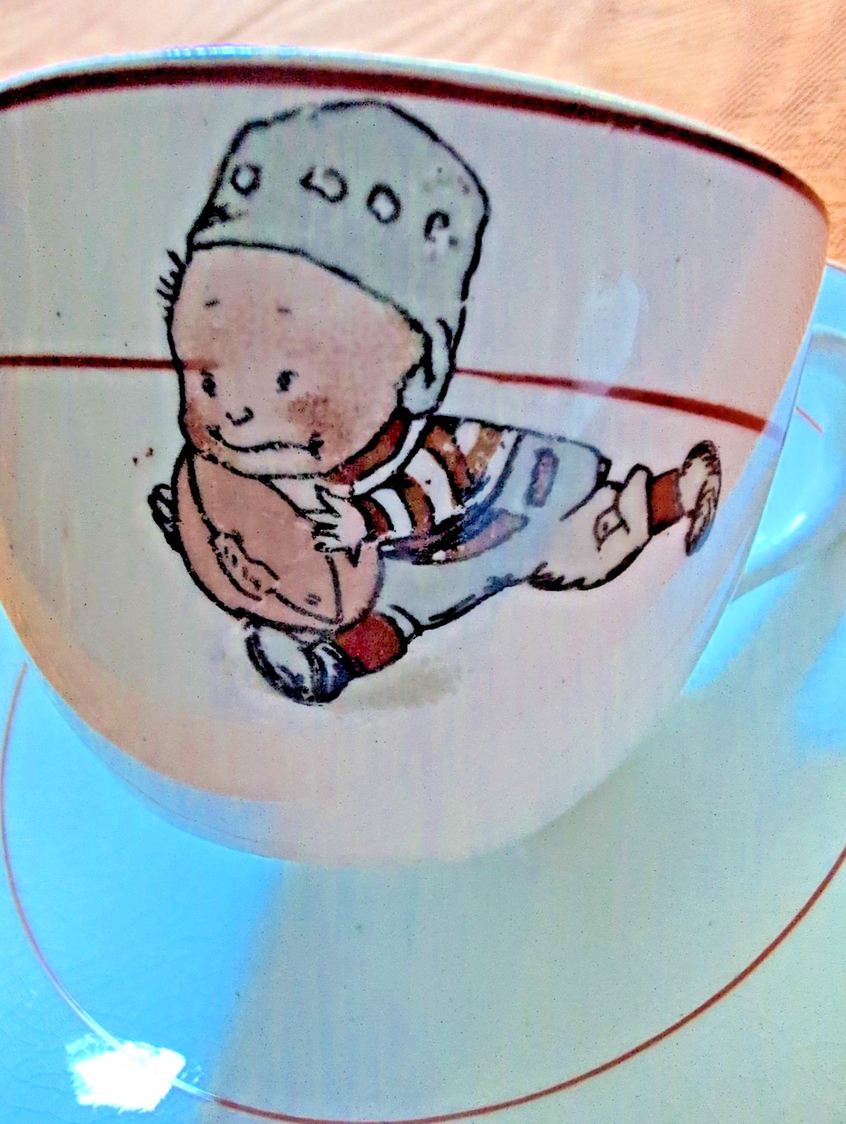 Vintage 1928 Crown Potteries Boy Football Player Child Cup Saucer Set Red Trim🏈 Vintage 1928 Crown Potteries Boy Football Player Child Cup Saucer Set Red Trim🏈