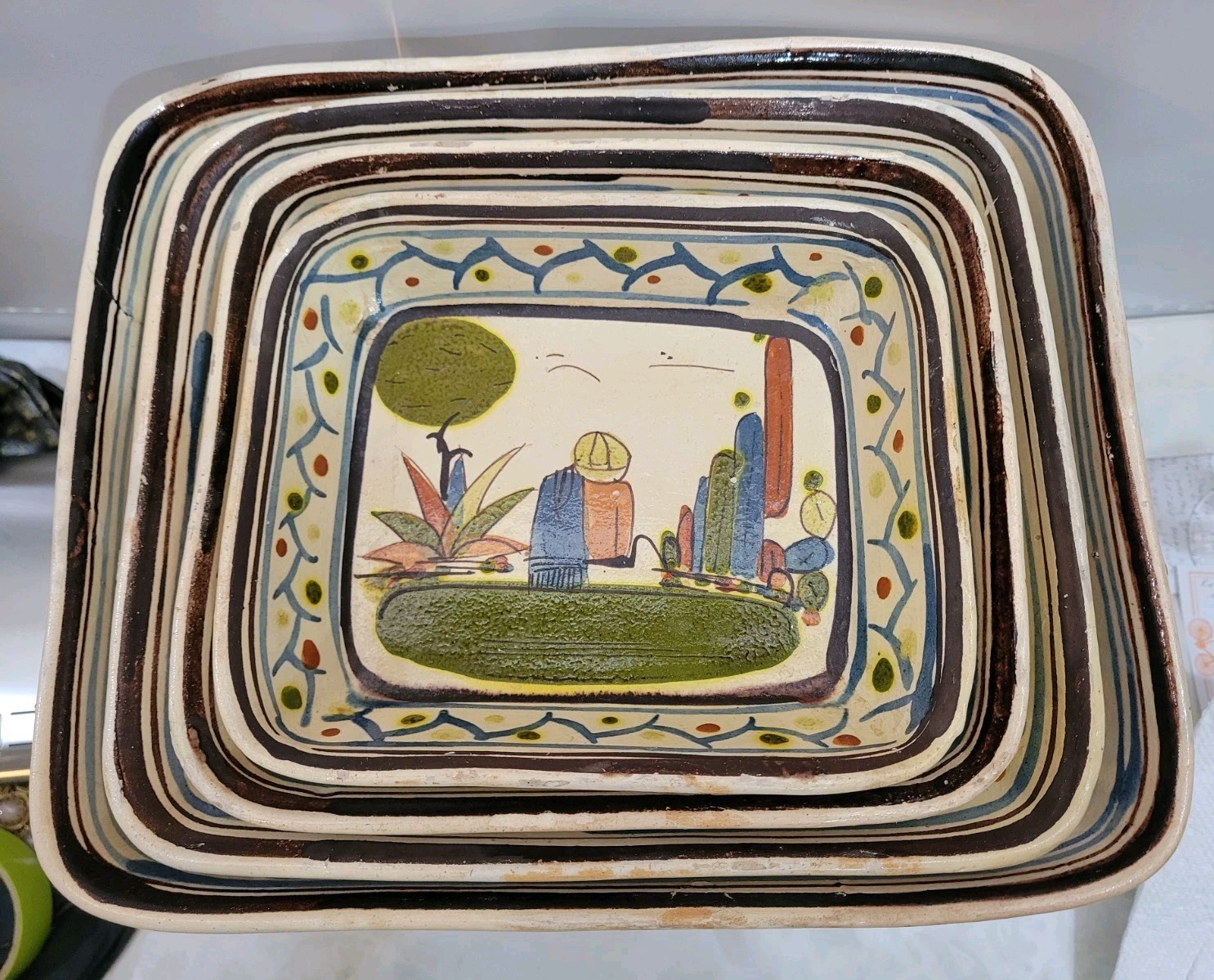 Vntg 70s Jalisco Mexico Terricotta Handpainted Nesting Dishes Set of 4 Folk Art 
