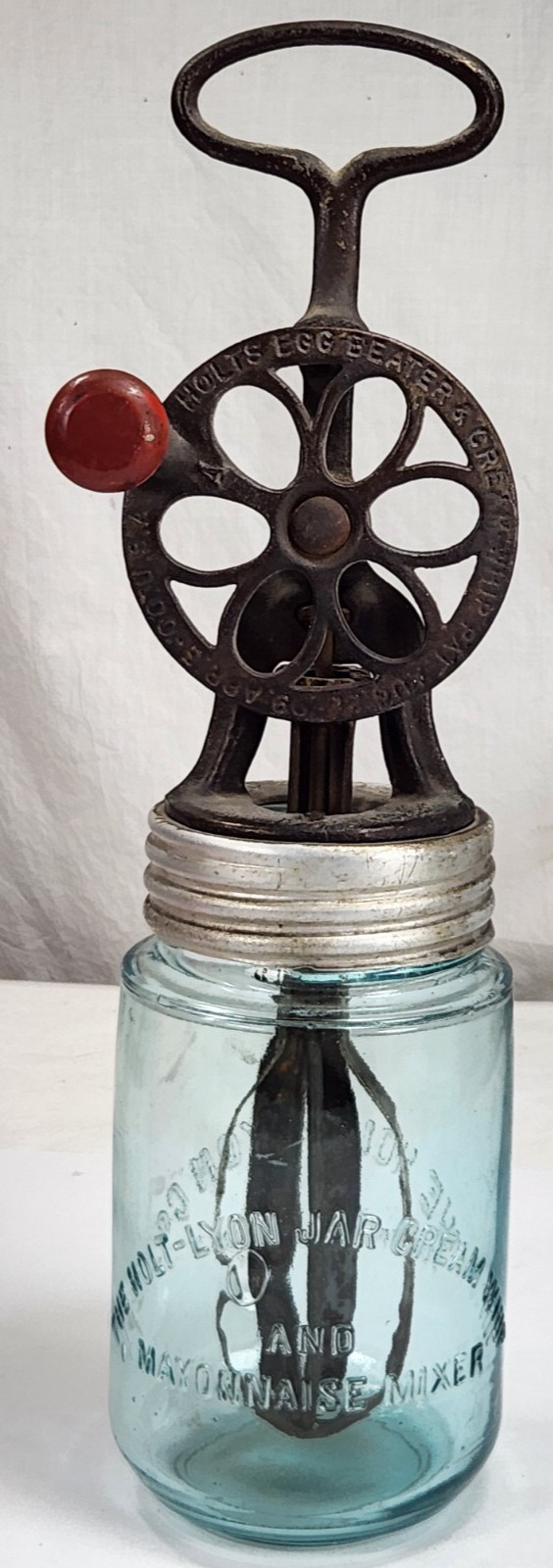 Antique Holt Lyon Cream Whip Mayonnaise Mixer Beater w/ Blue Holt Lyon Jar