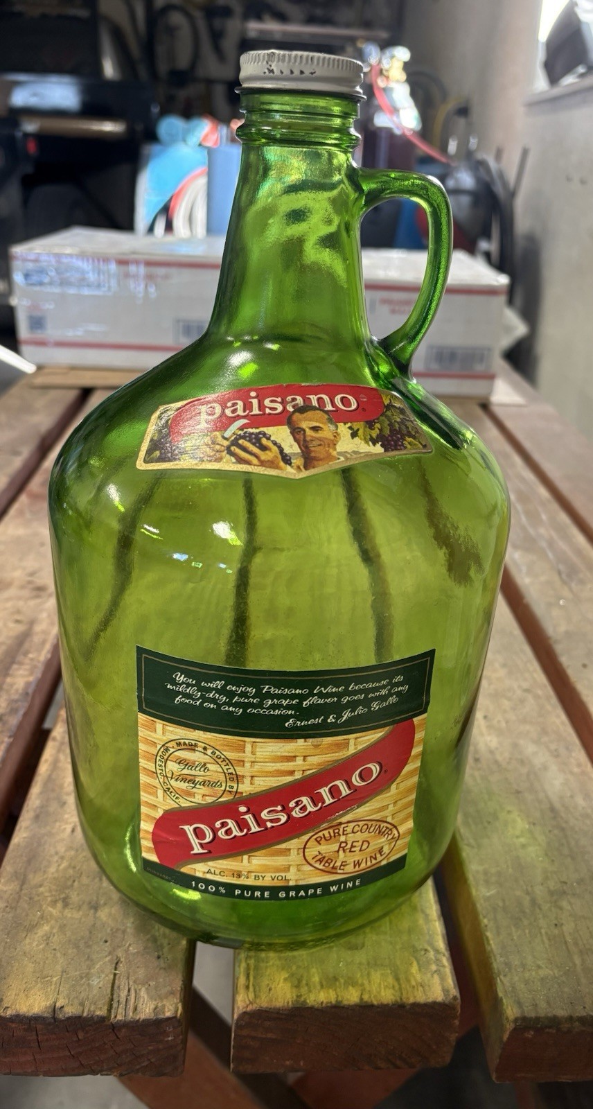 Vtg Ernest And Julio Gallo Paisano Green Glass Gal Jug Grape Wine