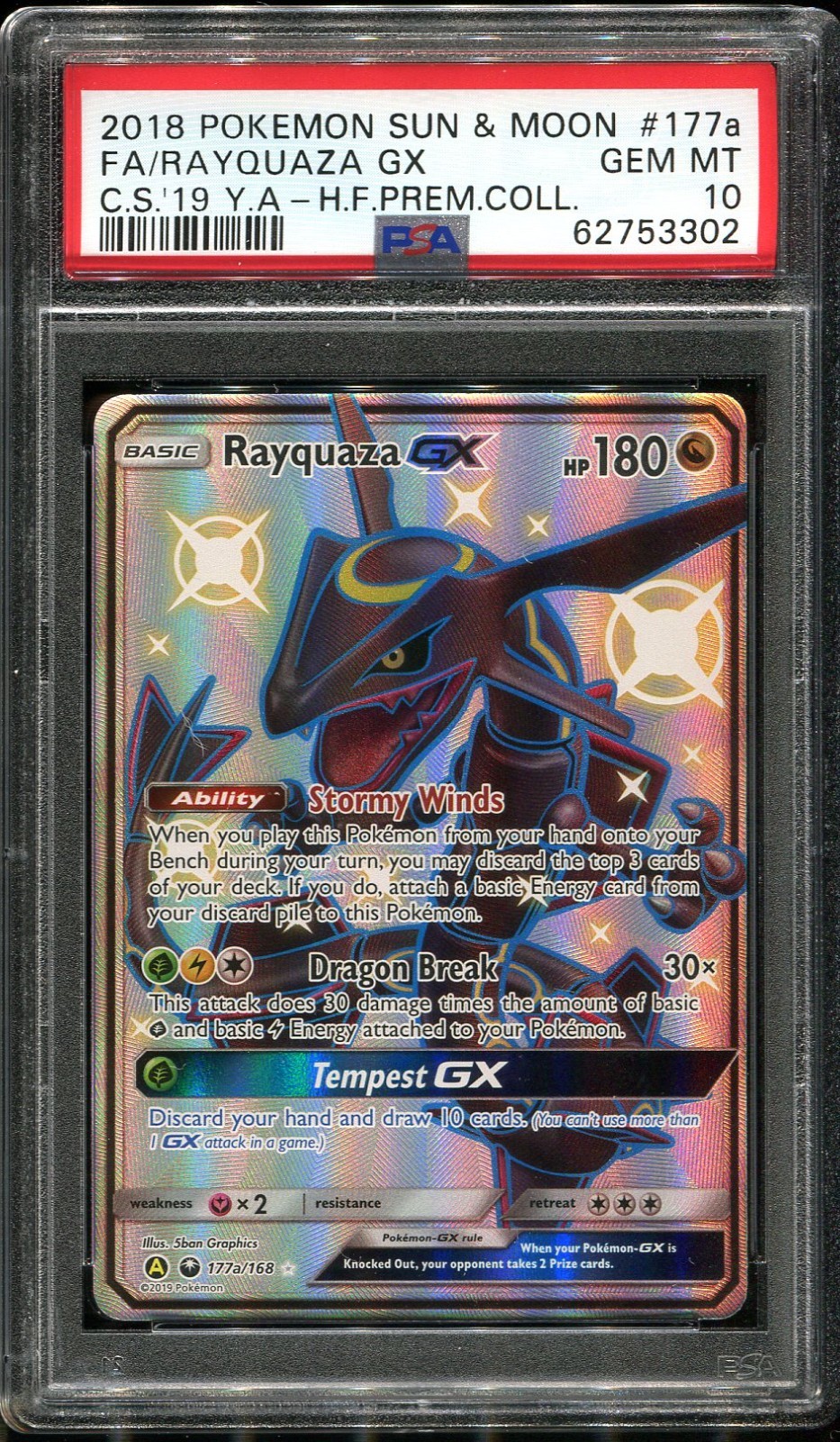 PSA 10 Rayquaza GX 177a/168 Hidden Fates Sun & Moon Prem Collection Pokemon Card