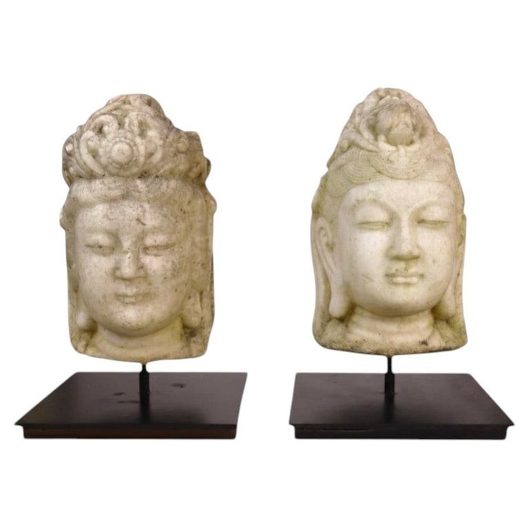 Pair 18thC Marble Heads Of The Bodhisattva Of Compassion, Guanyin Pair 18thC Marble Heads Of The Bodhisattva Of Compassion, Guanyin