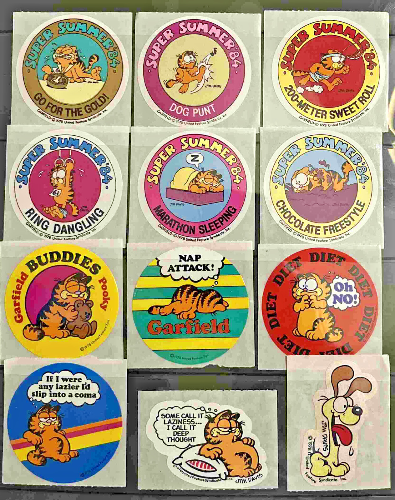 Vintage Garfield Stickers Collection 12 All Different 1978 Jim Davis Odie Pooky