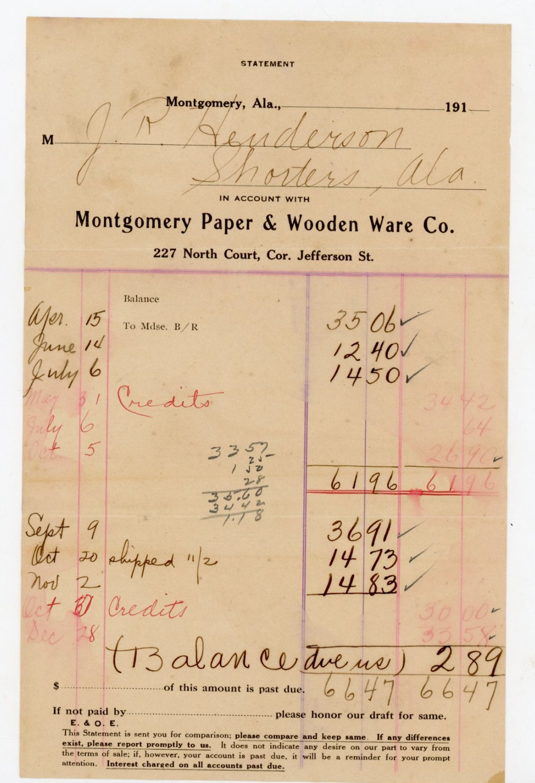 1910s Montgomery Paper & Wooden Ware Co. Statement Henderson Shorts AL Ledger 1910s Montgomery Paper & Wooden Ware Co. Statement Henderson Shorts AL Ledger