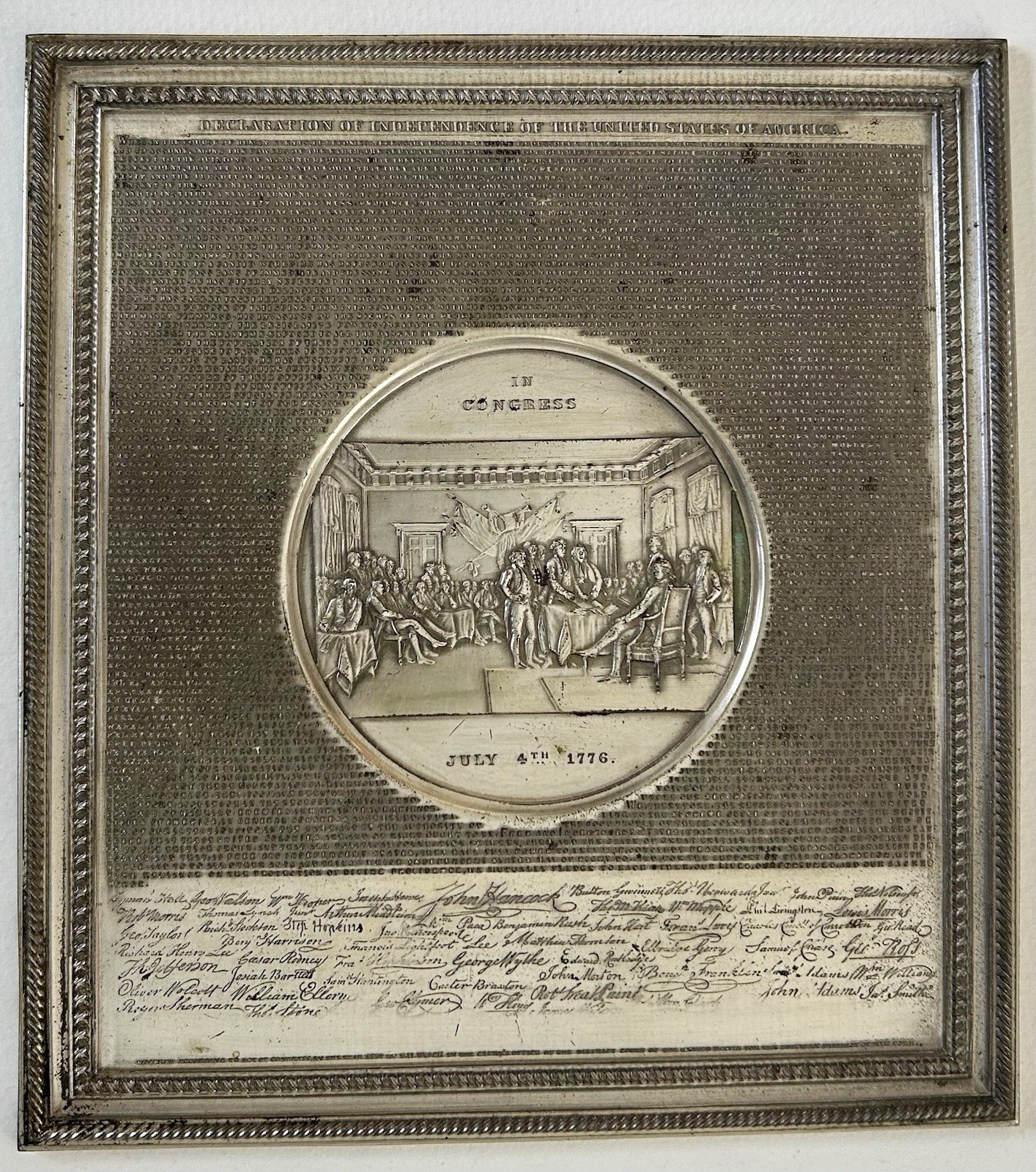 1859 DECLARATION OF INDEPENDENCE PLAQUE RARE SILVER VERSION  ANTIQUE SAM'L BLACK
