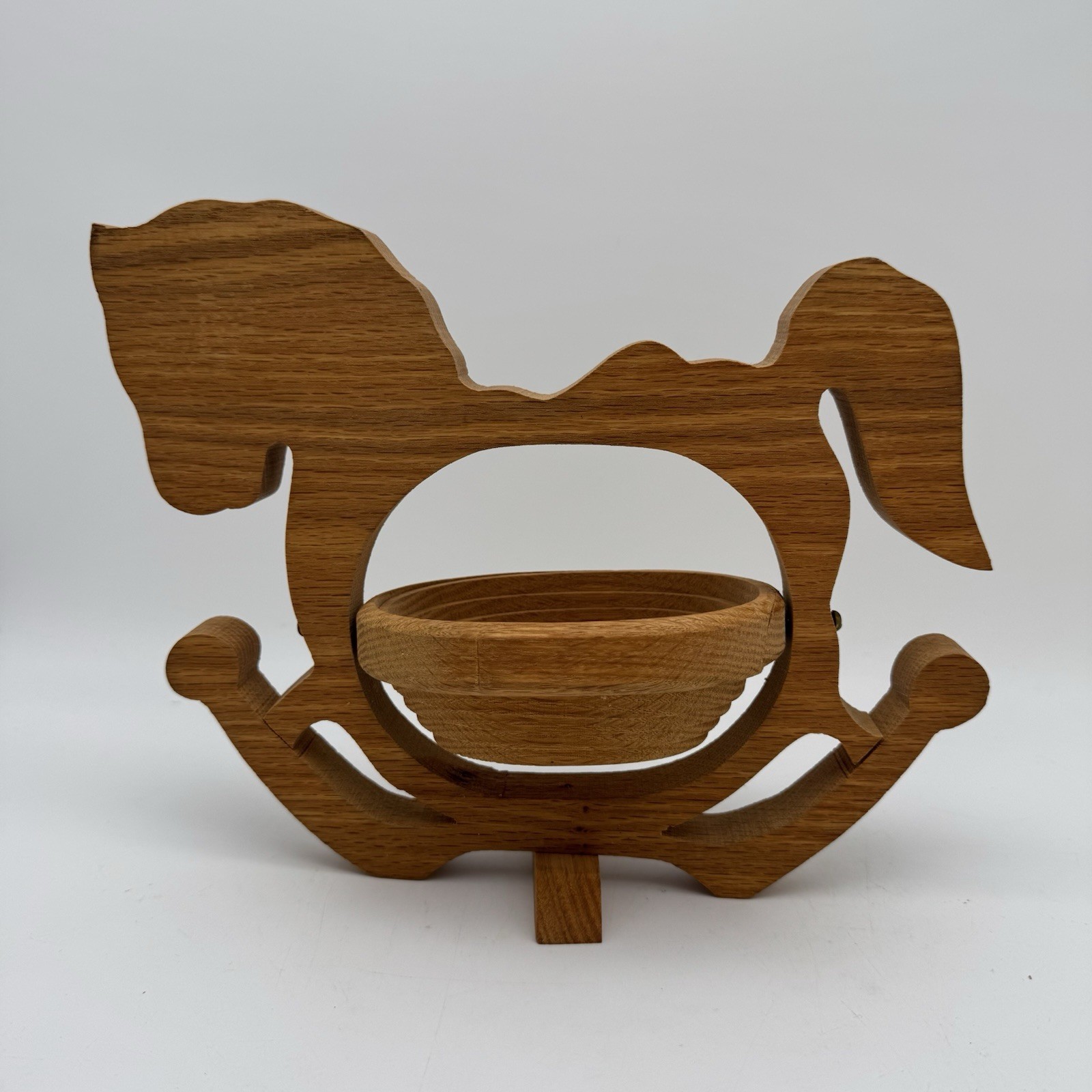 Handcrafted wooden rocking horce basket made by Amish artisans