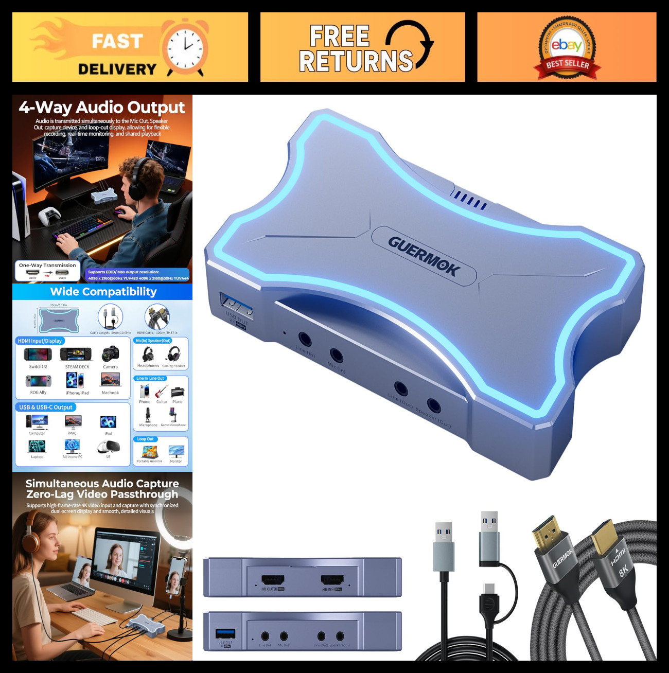 Guermok 4K HDMI Capture Card with Touch LED, Dual HDMI in/Loop-Out, USB 3.0, 4K@