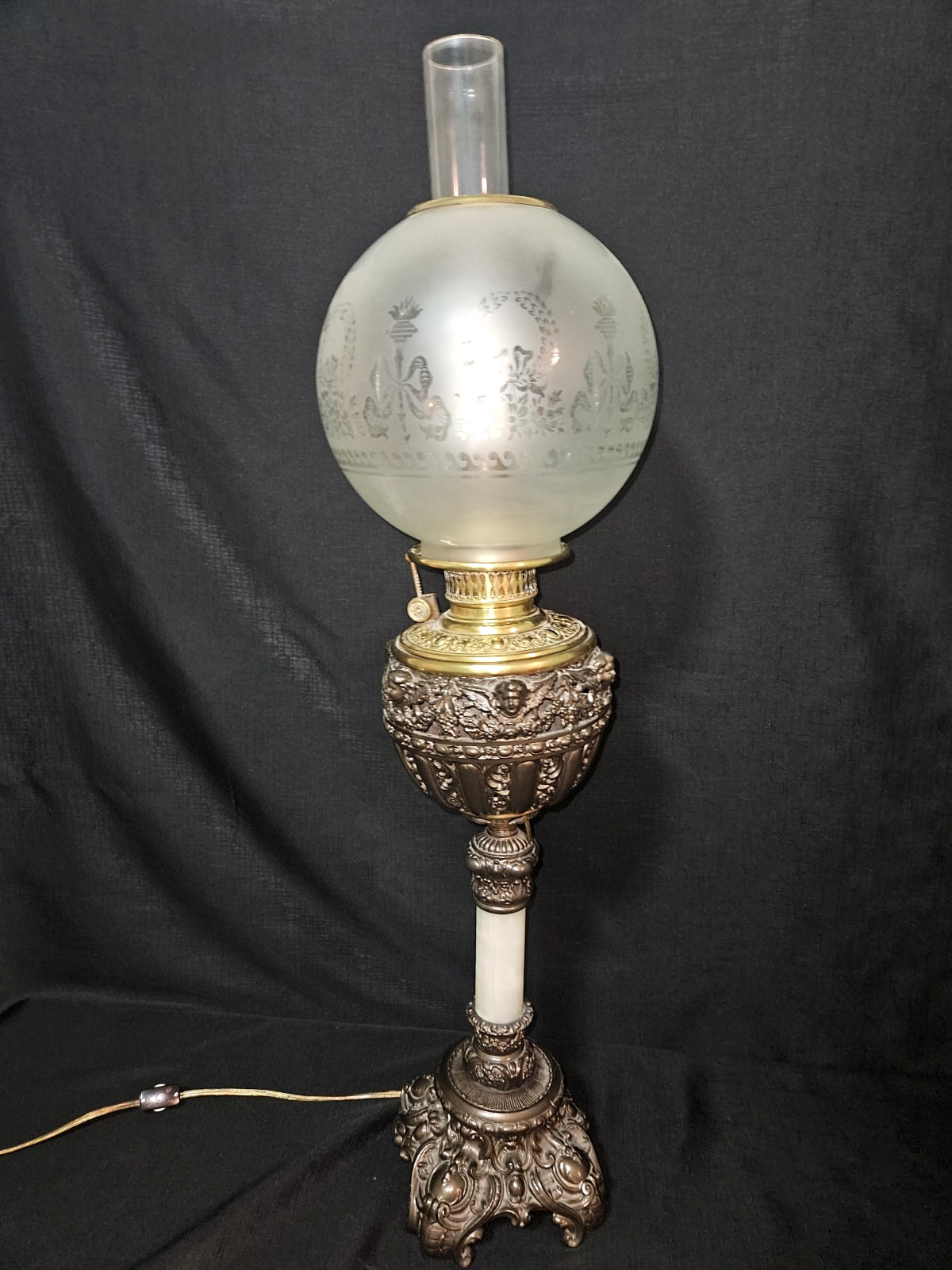 Antique Victorian Banquet Lamp w/Onyx Column  Ornate Cherub Head Design - 34