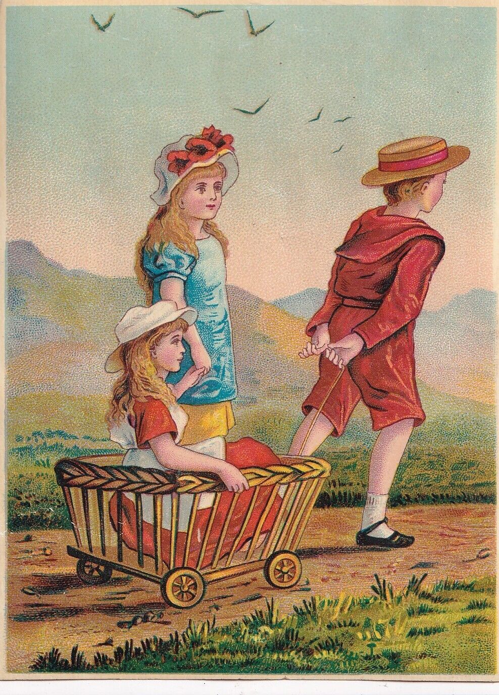 1800\'s Victorian Chromolithograph Card -Children w Wagon