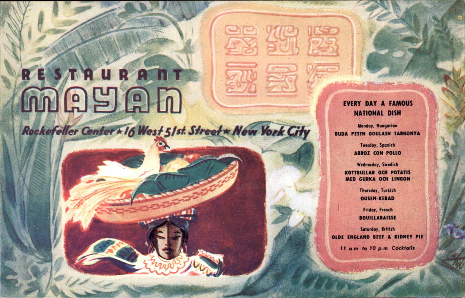 NEW YORK CITY NYC Restaurant Mayan ROCKEFELLER CENTER Postcard