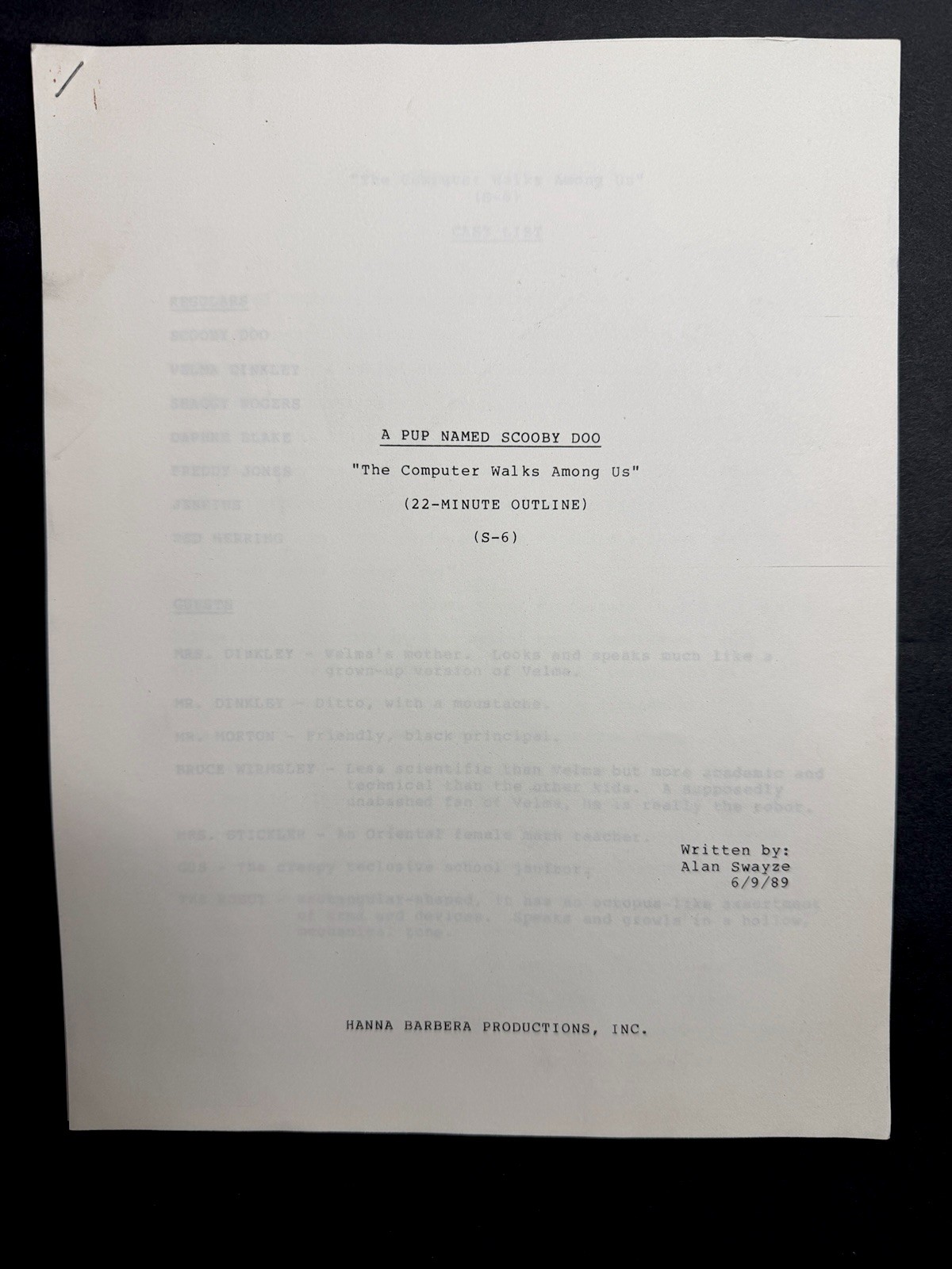 1989 A Pup Named Scooby Doo Hanna Barbera Original Animation Script Outline