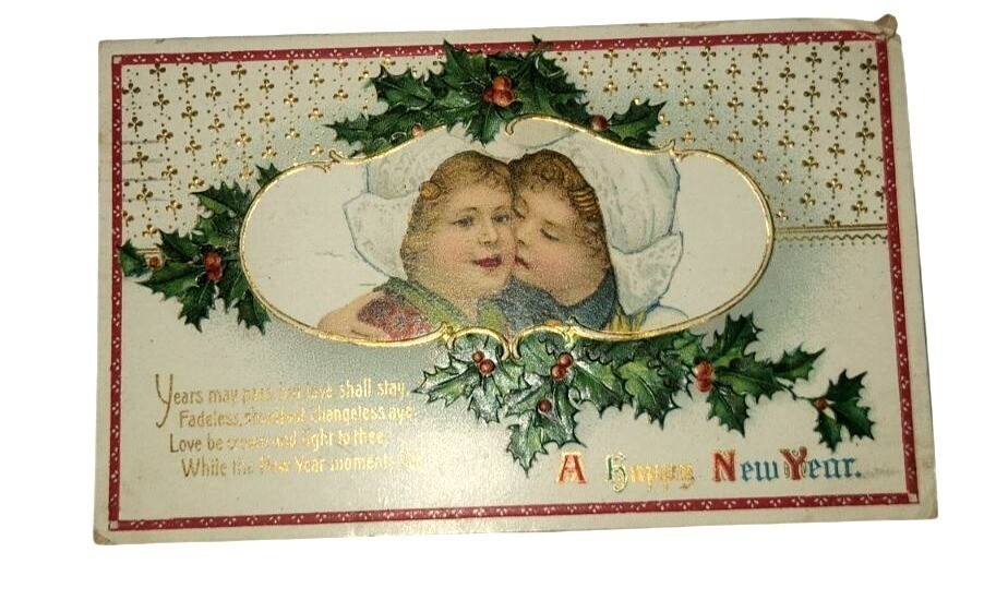 1920 Embossed New Year Postcard Romantic Couple Holly Printed Germany Boston