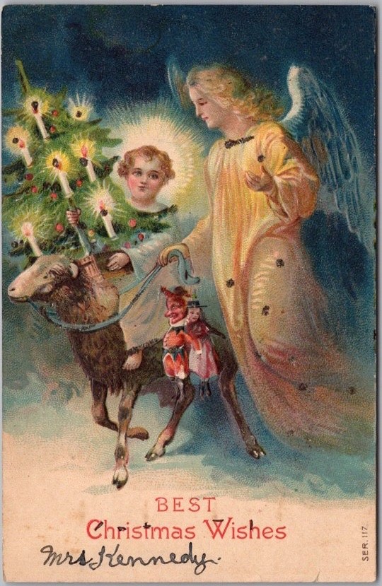 c1910s CHRISTMAS Postcard Jesus with Xmas Tree, Riding a Lamb - Angel / Glitter