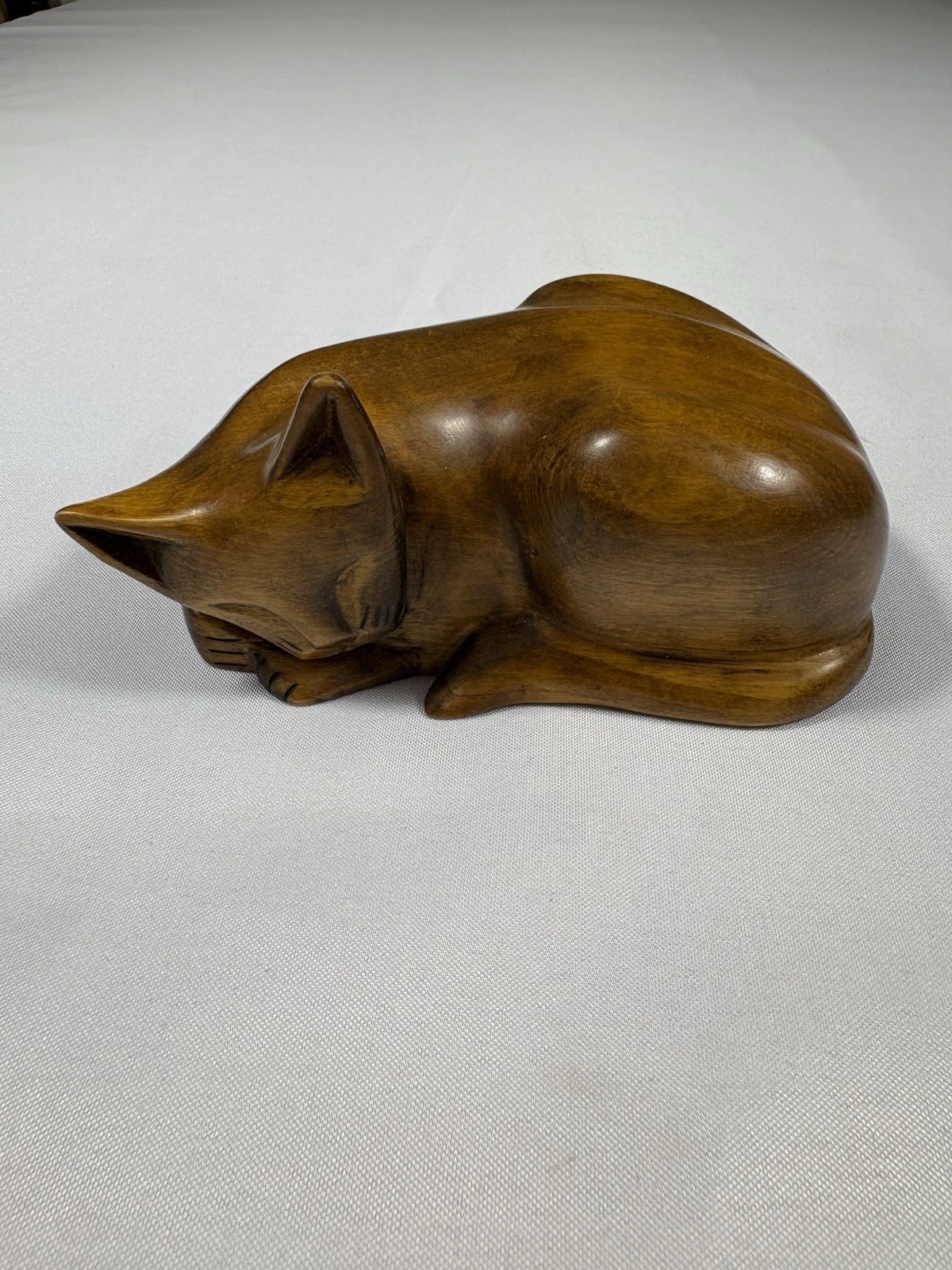 Vintage Hand Carved Wooden Sleeping Cat Figurine Hand Turned