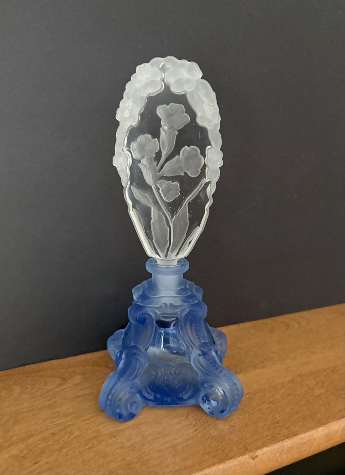Vintage 1930’s Czech Art Deco Blue Glass Perfume Bottle-Intaglio Tiara Stopper