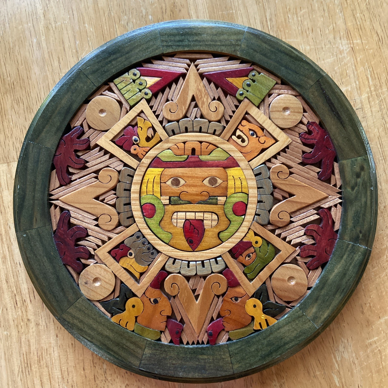 Vintage Wooden Aztec Mayan Mexico Calendar Hand Carved Inlay Wood Art 9.5”