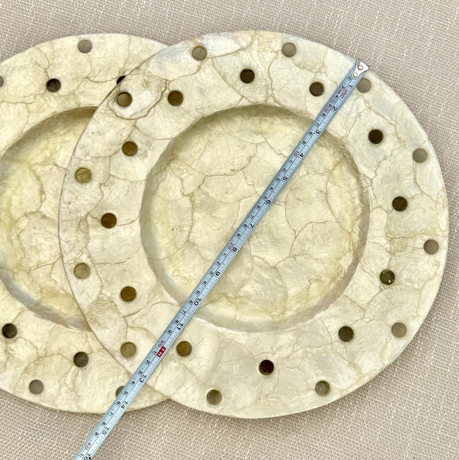 Vintage Pair 13” Capiz Shell Charger Plates Translucent Round Inlays Philippines