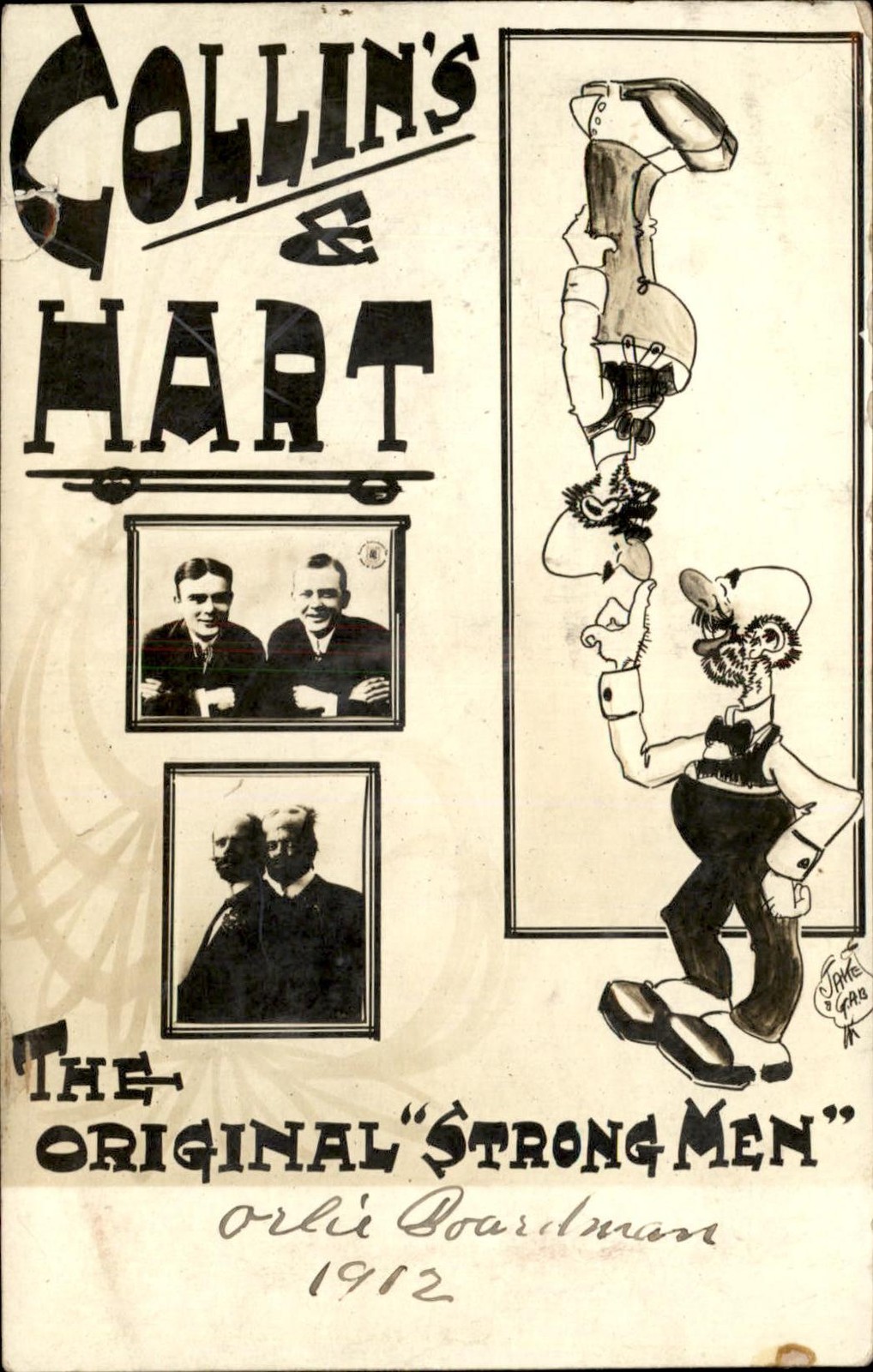 Vaudeville Act Strongmen Duo COLLINS & HART Winnipeg Postmark c1912 RPPC bhn