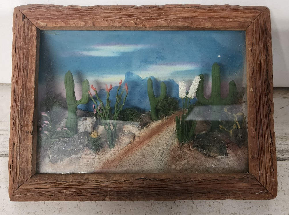 Vintage 3D Desert Cactus Diorama Shadow Box Art Southwestern Folk Art MCM Decor Vintage 3D Desert Cactus Diorama Shadow Box Art Southwestern Folk Art MCM Decor