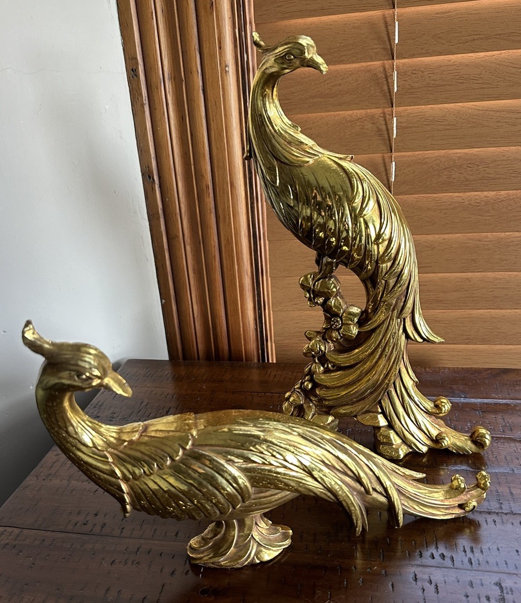 Vintage Golden Peacock Pair Syroco MCM Gilted Made In USA Two Birds Peafowl